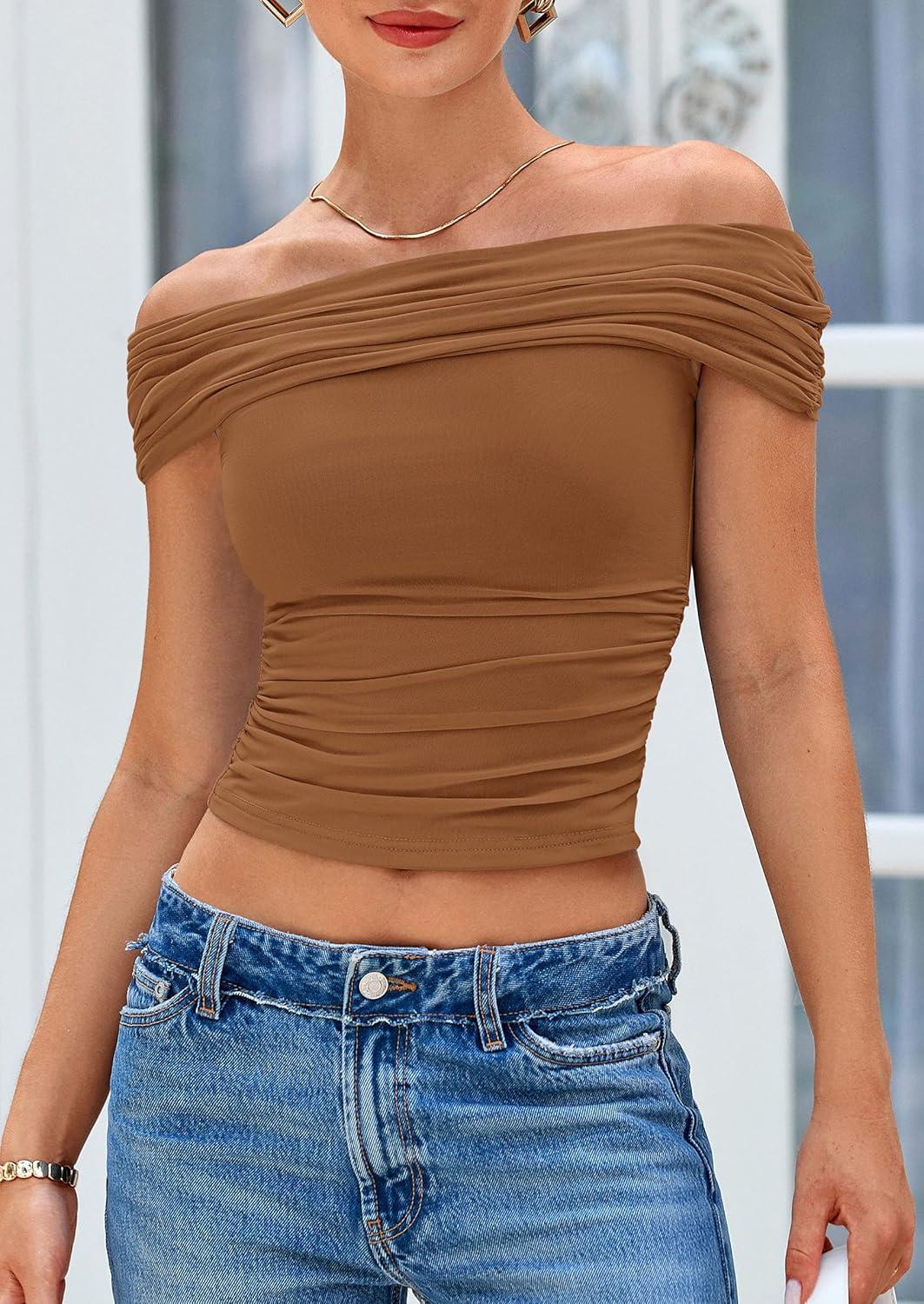 imagePRETTYGARDEN Summer Tops for Women 2025 Off Shoulder Short Sleeve Ruched Slim Fit Shirts Blouses Y2K Going Out TopLight Brown