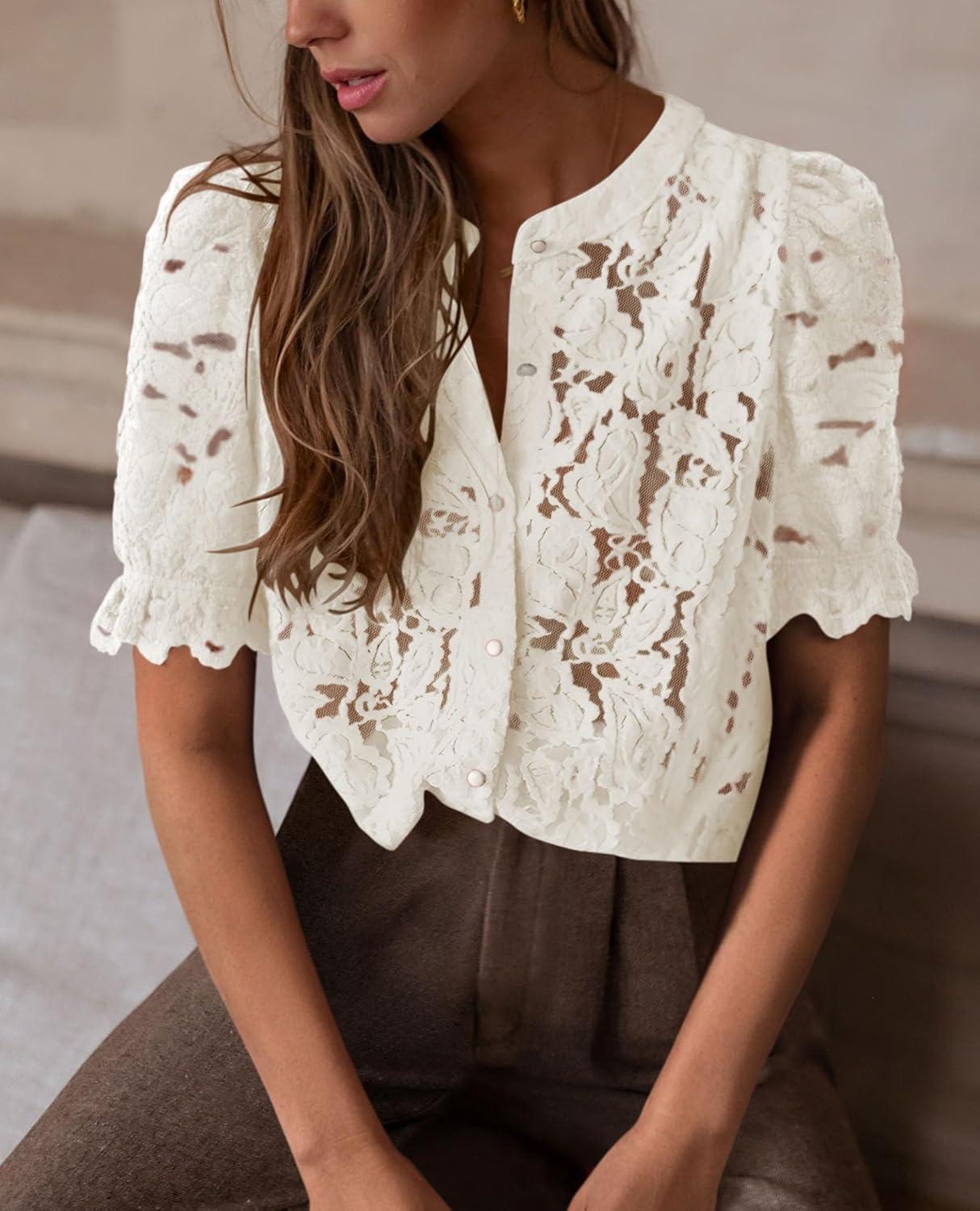 imagePRETTYGARDEN Womens 2025 Spring Lace Tops Short Puff Sleeve Casual Dressy Blouses Eyelet Crew Neck Button Down ShirtsBeige