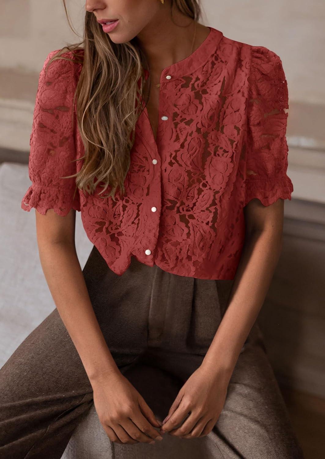 imagePRETTYGARDEN Womens 2025 Spring Lace Tops Short Puff Sleeve Casual Dressy Blouses Eyelet Crew Neck Button Down ShirtsBrown Red