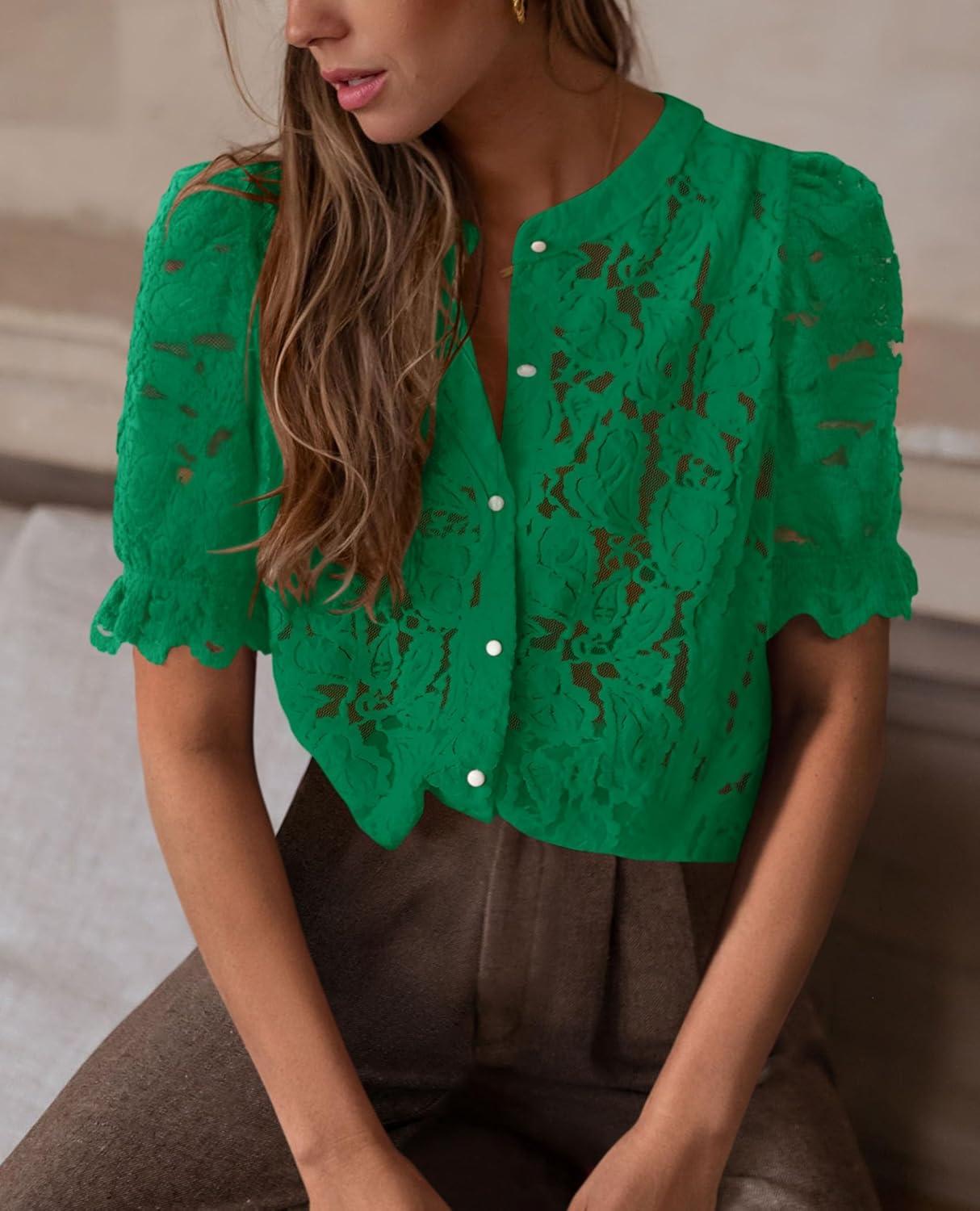 imagePRETTYGARDEN Womens 2025 Spring Lace Tops Short Puff Sleeve Casual Dressy Blouses Eyelet Crew Neck Button Down ShirtsDark Green