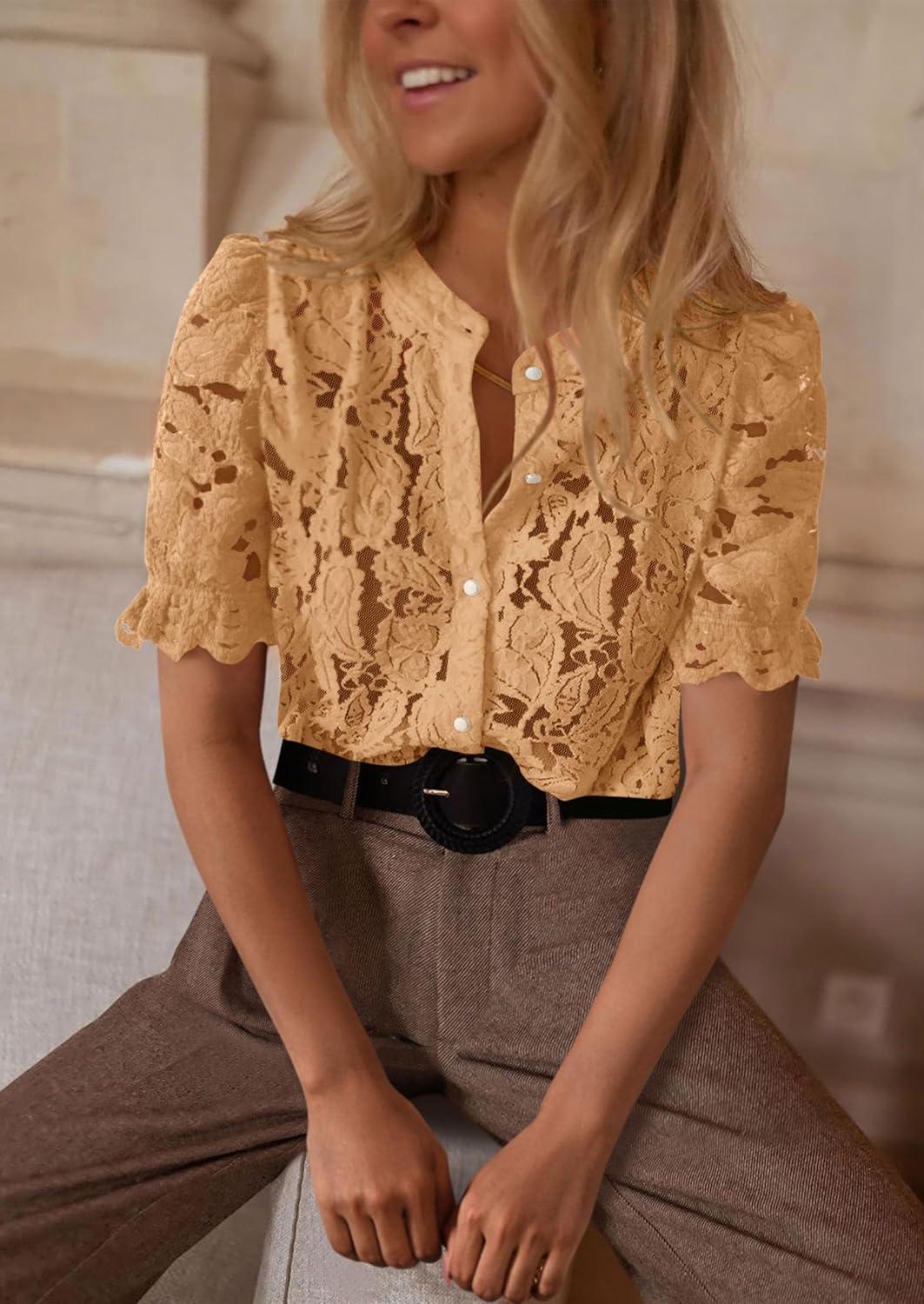 imagePRETTYGARDEN Womens 2025 Spring Lace Tops Short Puff Sleeve Casual Dressy Blouses Eyelet Crew Neck Button Down ShirtsKhaki