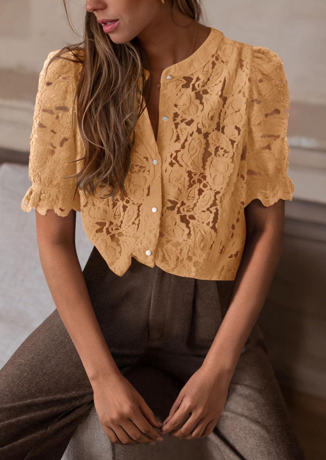 imagePRETTYGARDEN Womens 2025 Spring Lace Tops Short Puff Sleeve Casual Dressy Blouses Eyelet Crew Neck Button Down ShirtsKhaki