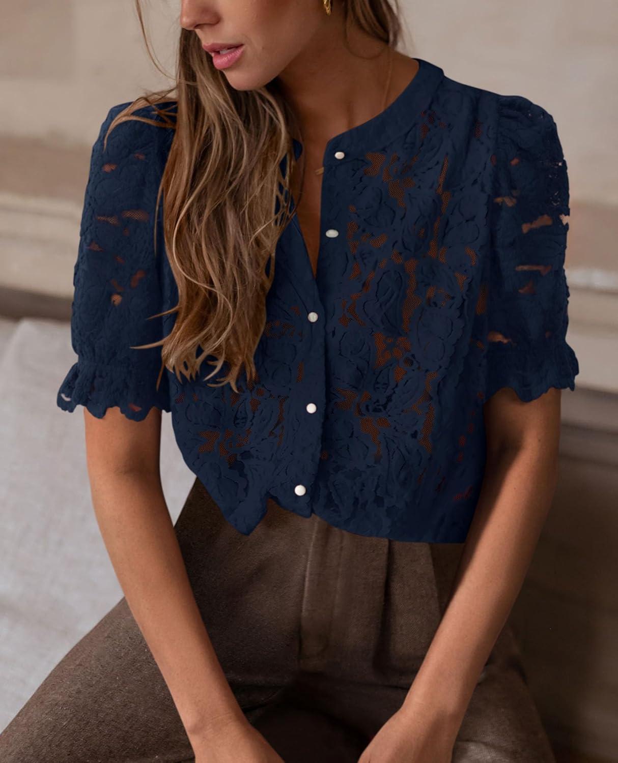 imagePRETTYGARDEN Womens 2025 Spring Lace Tops Short Puff Sleeve Casual Dressy Blouses Eyelet Crew Neck Button Down ShirtsNavy