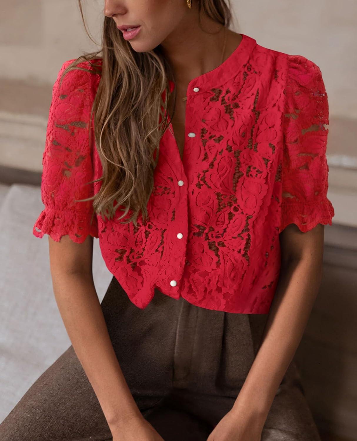 imagePRETTYGARDEN Womens 2025 Spring Lace Tops Short Puff Sleeve Casual Dressy Blouses Eyelet Crew Neck Button Down ShirtsRed