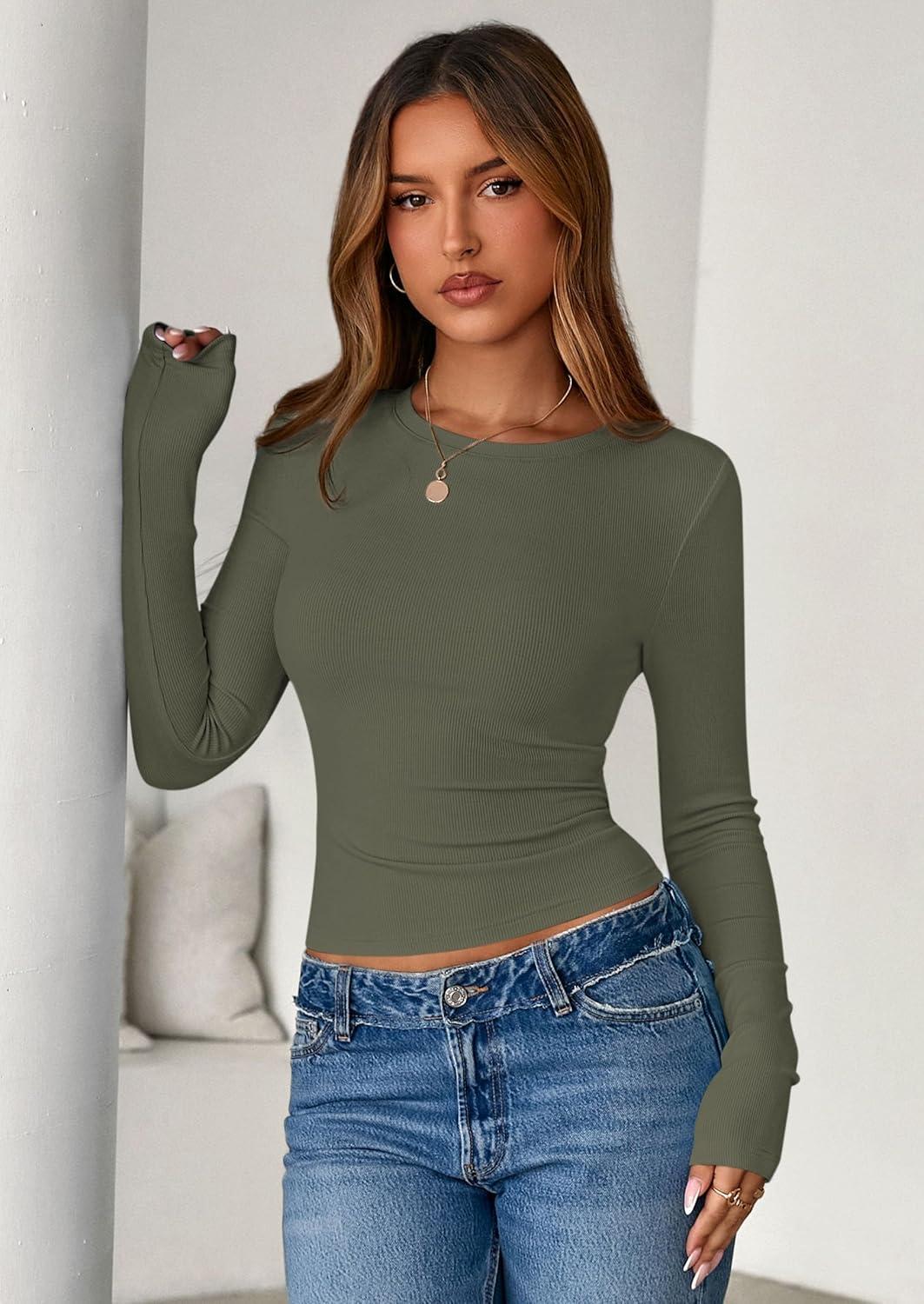 imagePRETTYGARDEN Womens 2025 Summer Fall Long Sleeve Shirts Ribbed Knit Fitted Basic Tee Going Out Tops Underscrub Casual OutfitsArmy Green