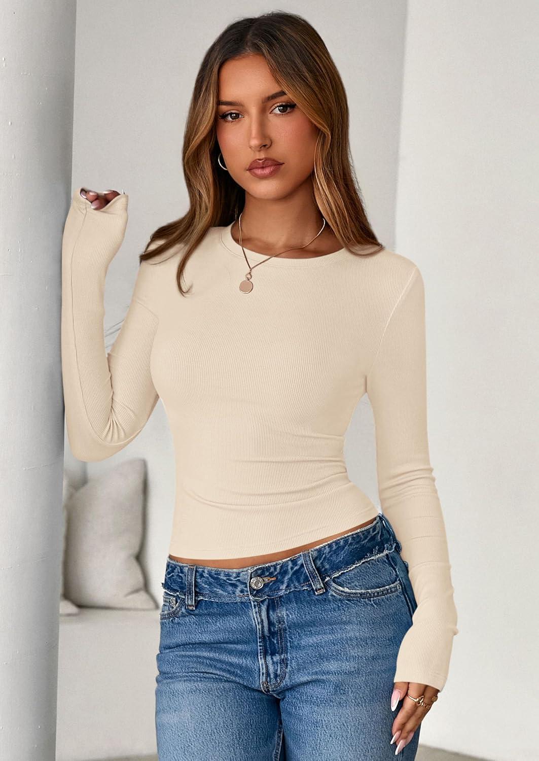 imagePRETTYGARDEN Womens 2025 Summer Fall Long Sleeve Shirts Ribbed Knit Fitted Basic Tee Going Out Tops Underscrub Casual OutfitsBeige
