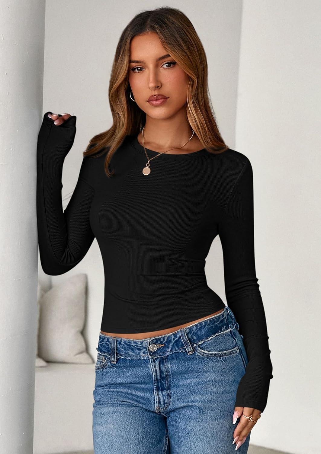 imagePRETTYGARDEN Womens 2025 Summer Fall Long Sleeve Shirts Ribbed Knit Fitted Basic Tee Going Out Tops Underscrub Casual OutfitsBlack