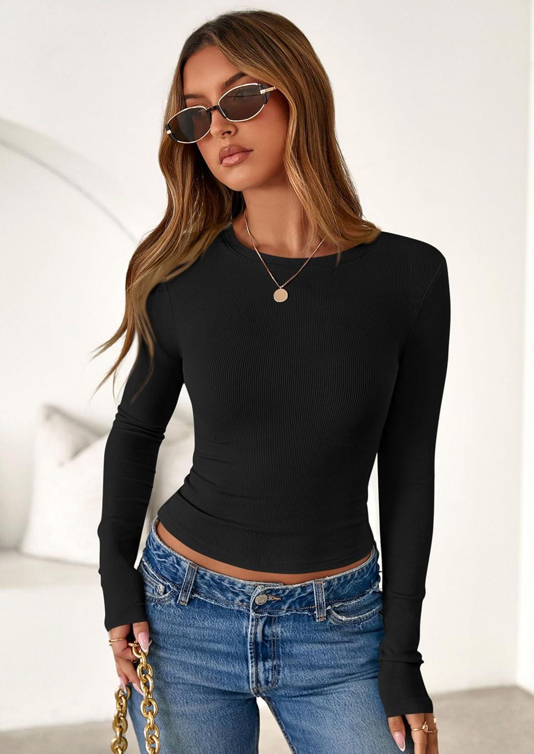 imagePRETTYGARDEN Womens 2025 Summer Fall Long Sleeve Shirts Ribbed Knit Fitted Basic Tee Going Out Tops Underscrub Casual OutfitsBlack