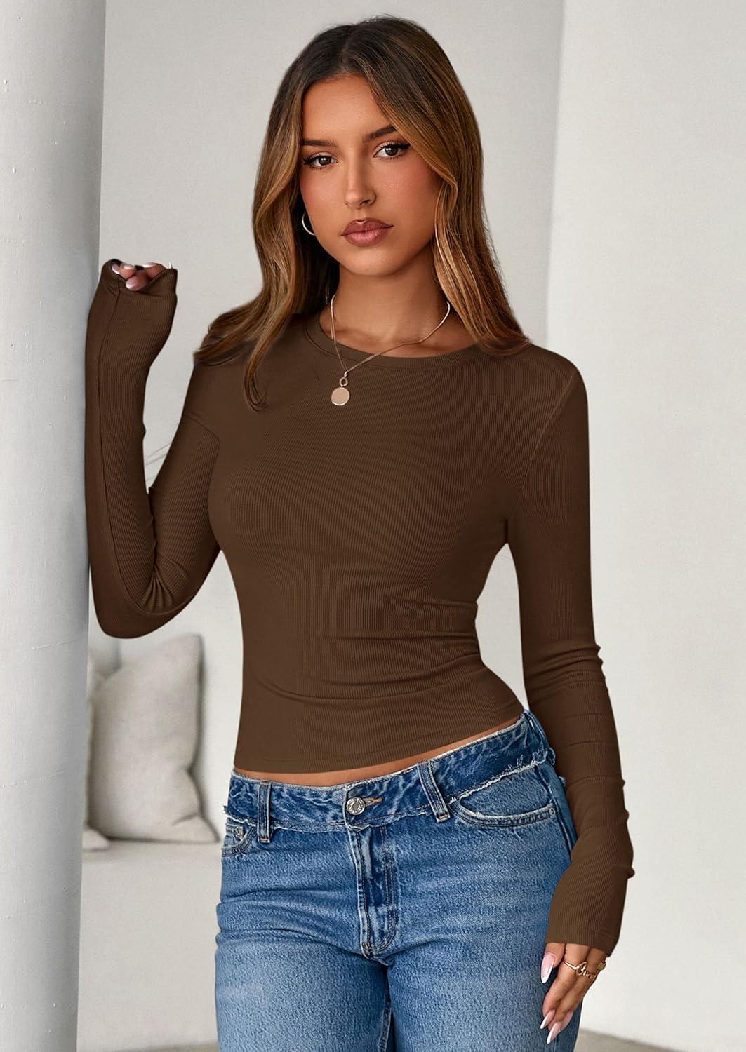 imagePRETTYGARDEN Womens 2025 Summer Fall Long Sleeve Shirts Ribbed Knit Fitted Basic Tee Going Out Tops Underscrub Casual OutfitsBrown