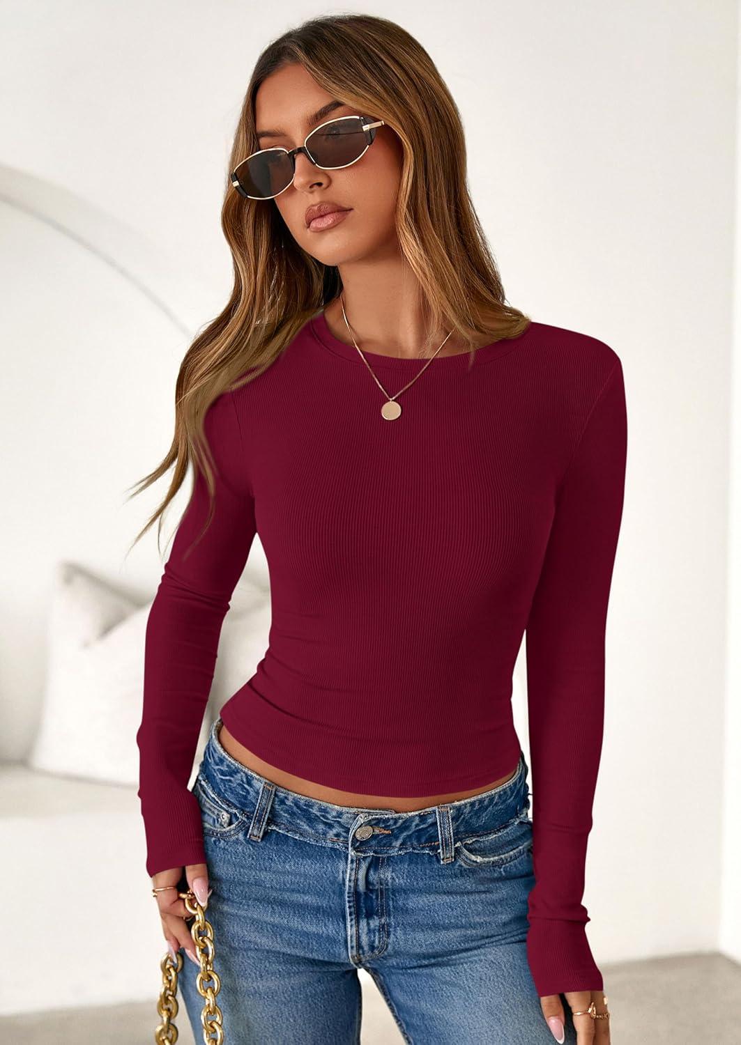 imagePRETTYGARDEN Womens 2025 Summer Fall Long Sleeve Shirts Ribbed Knit Fitted Basic Tee Going Out Tops Underscrub Casual OutfitsBurgundy