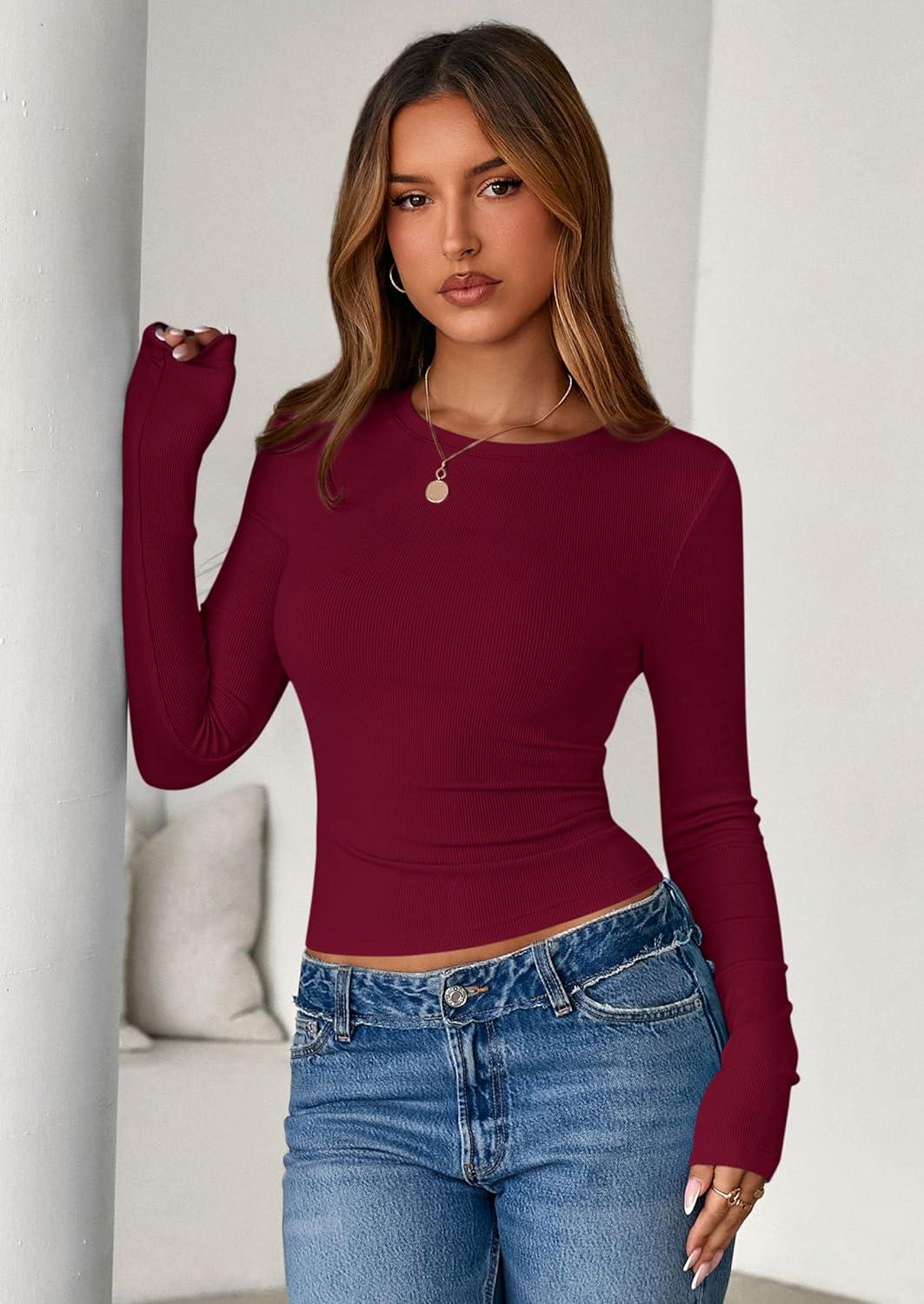 imagePRETTYGARDEN Womens 2025 Summer Fall Long Sleeve Shirts Ribbed Knit Fitted Basic Tee Going Out Tops Underscrub Casual OutfitsBurgundy