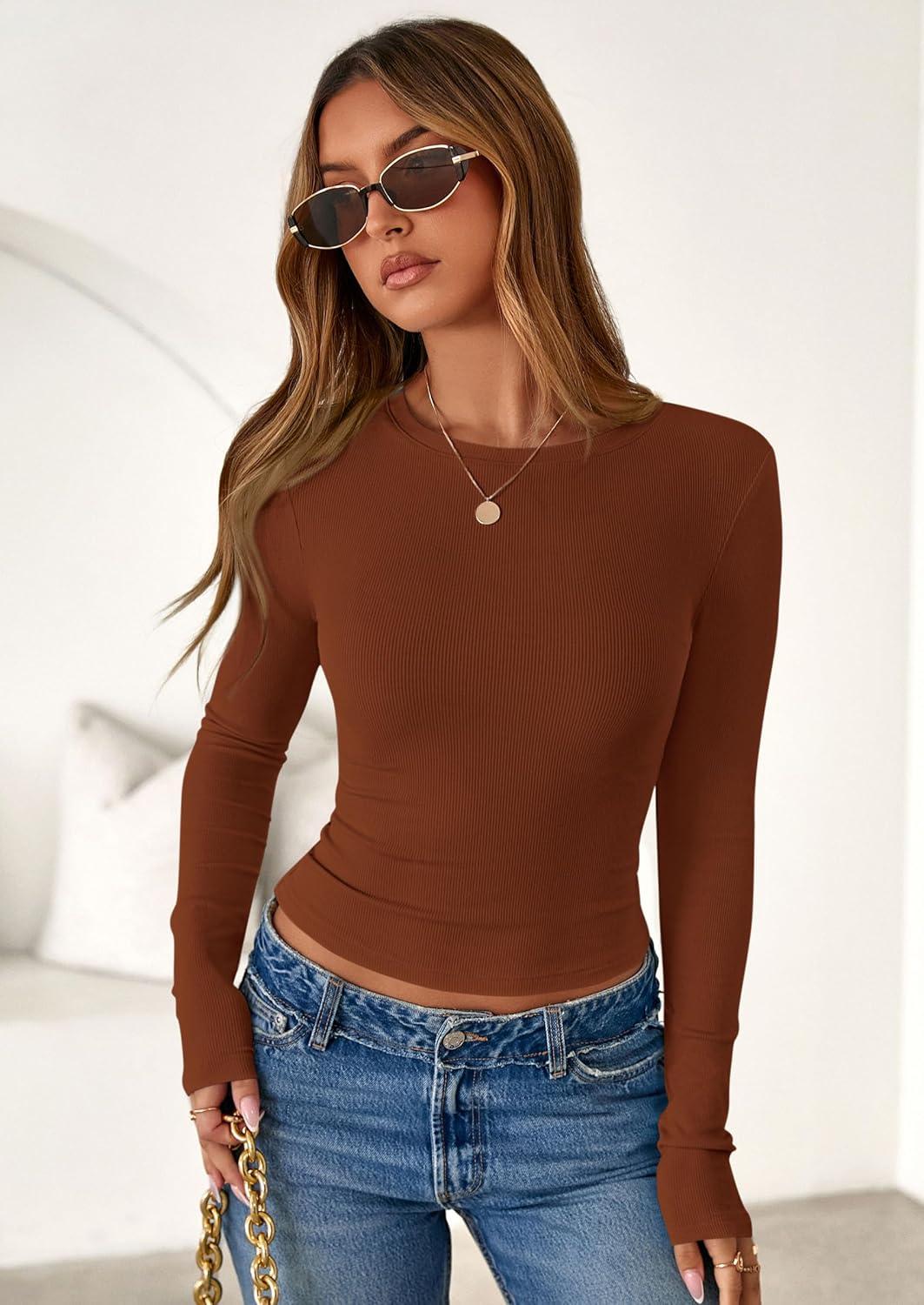 imagePRETTYGARDEN Womens 2025 Summer Fall Long Sleeve Shirts Ribbed Knit Fitted Basic Tee Going Out Tops Underscrub Casual OutfitsCaramel