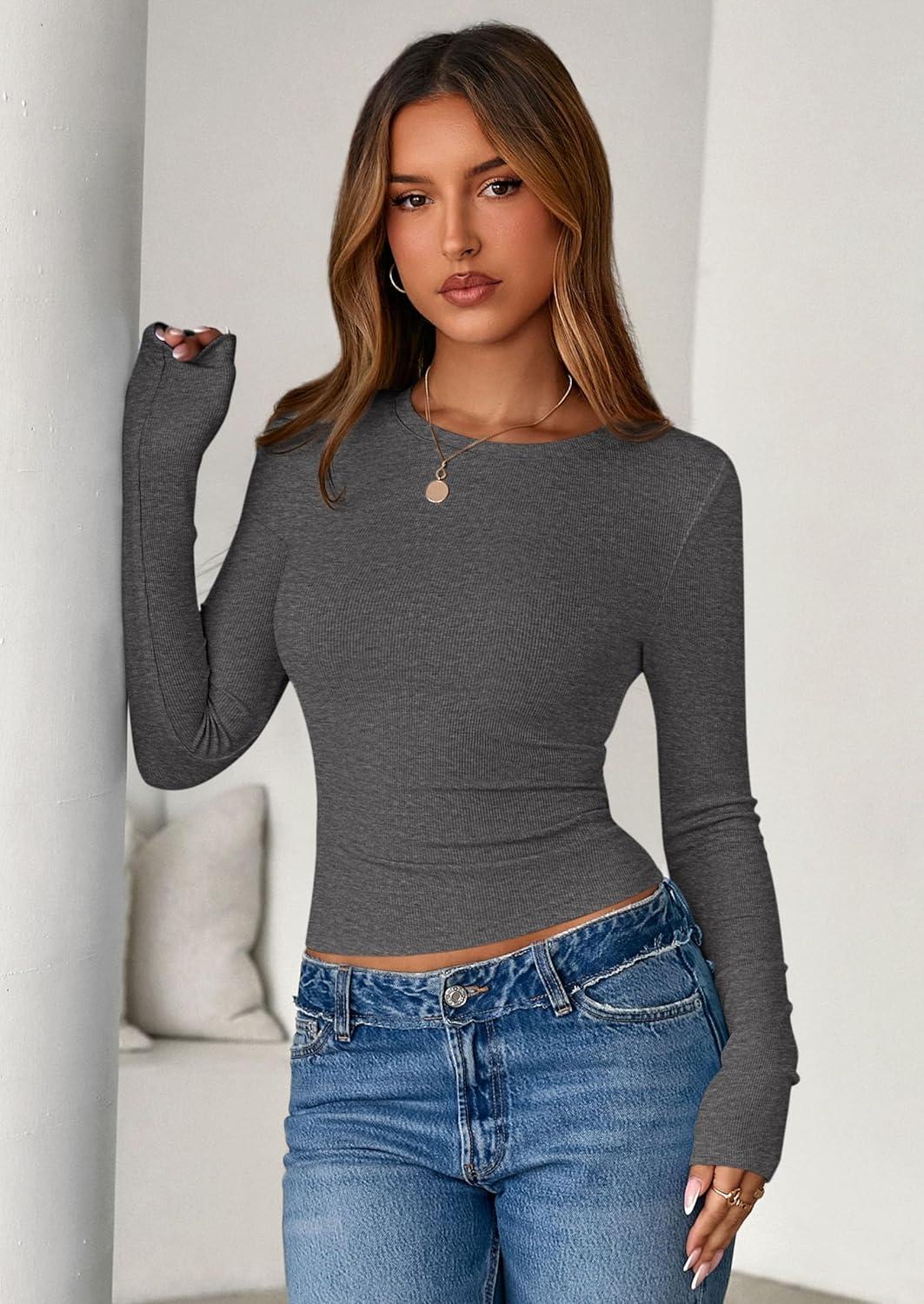 imagePRETTYGARDEN Womens 2025 Summer Fall Long Sleeve Shirts Ribbed Knit Fitted Basic Tee Going Out Tops Underscrub Casual OutfitsCharcoal