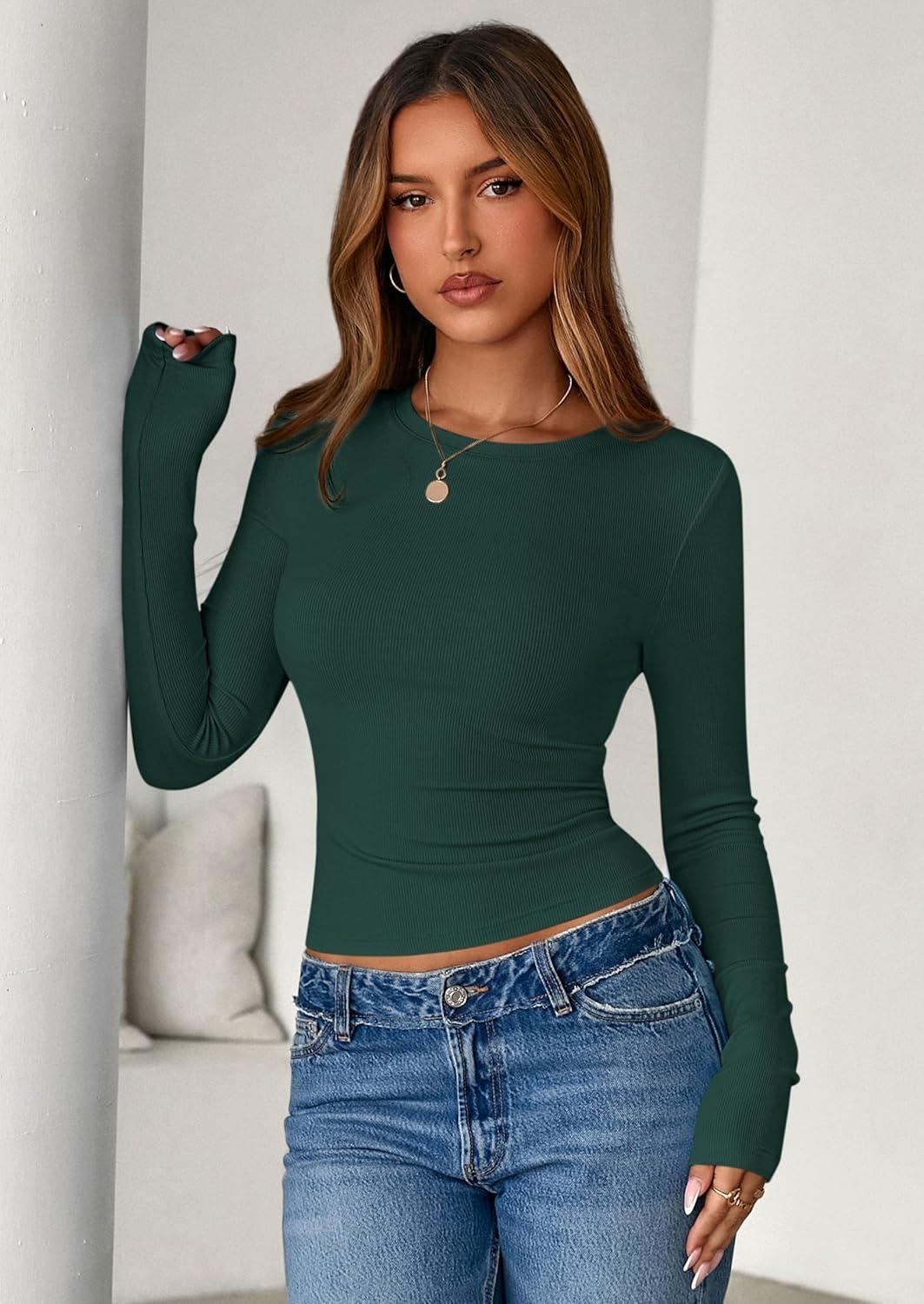 imagePRETTYGARDEN Womens 2025 Summer Fall Long Sleeve Shirts Ribbed Knit Fitted Basic Tee Going Out Tops Underscrub Casual OutfitsDark Green