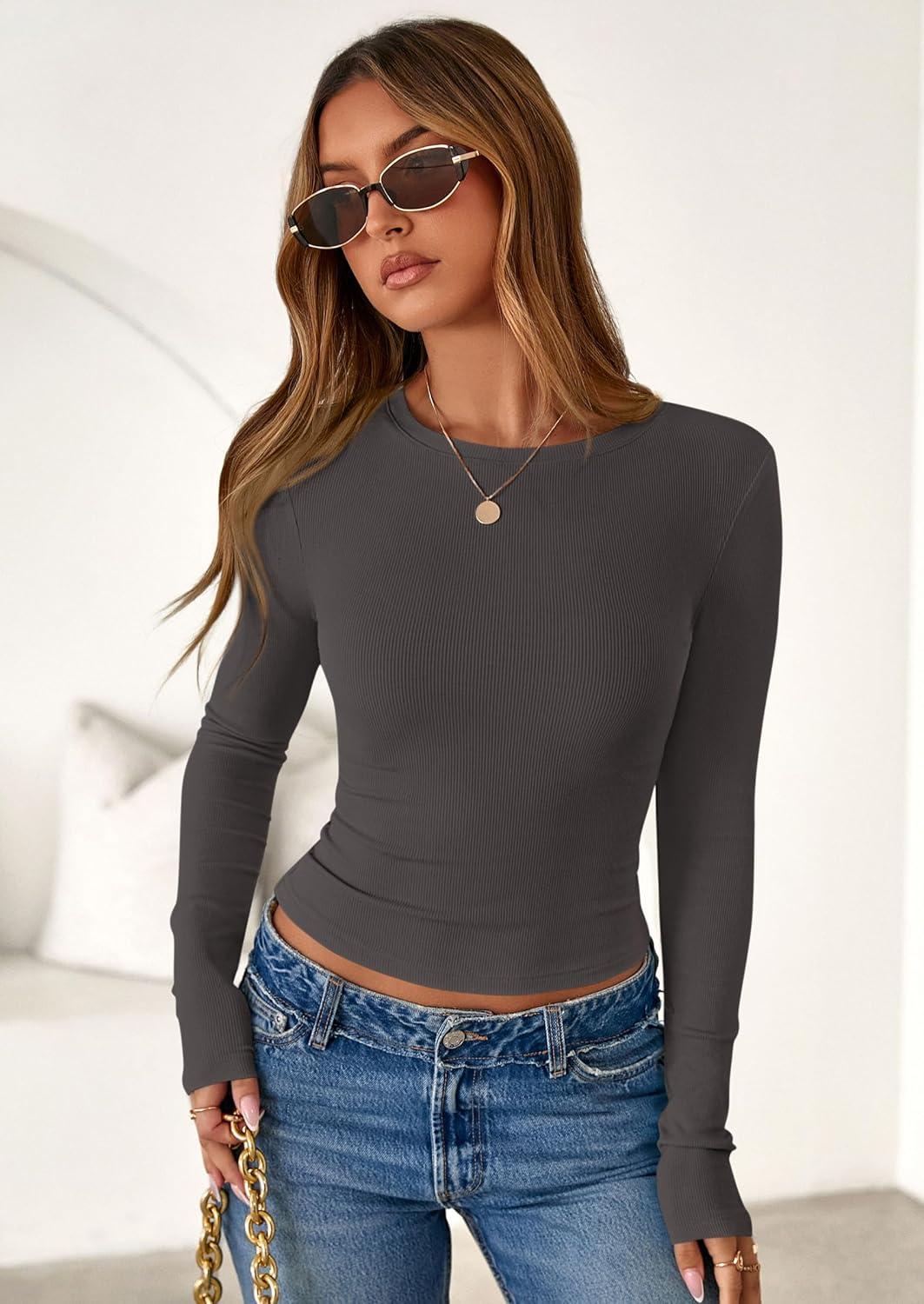 imagePRETTYGARDEN Womens 2025 Summer Fall Long Sleeve Shirts Ribbed Knit Fitted Basic Tee Going Out Tops Underscrub Casual OutfitsDark Grey