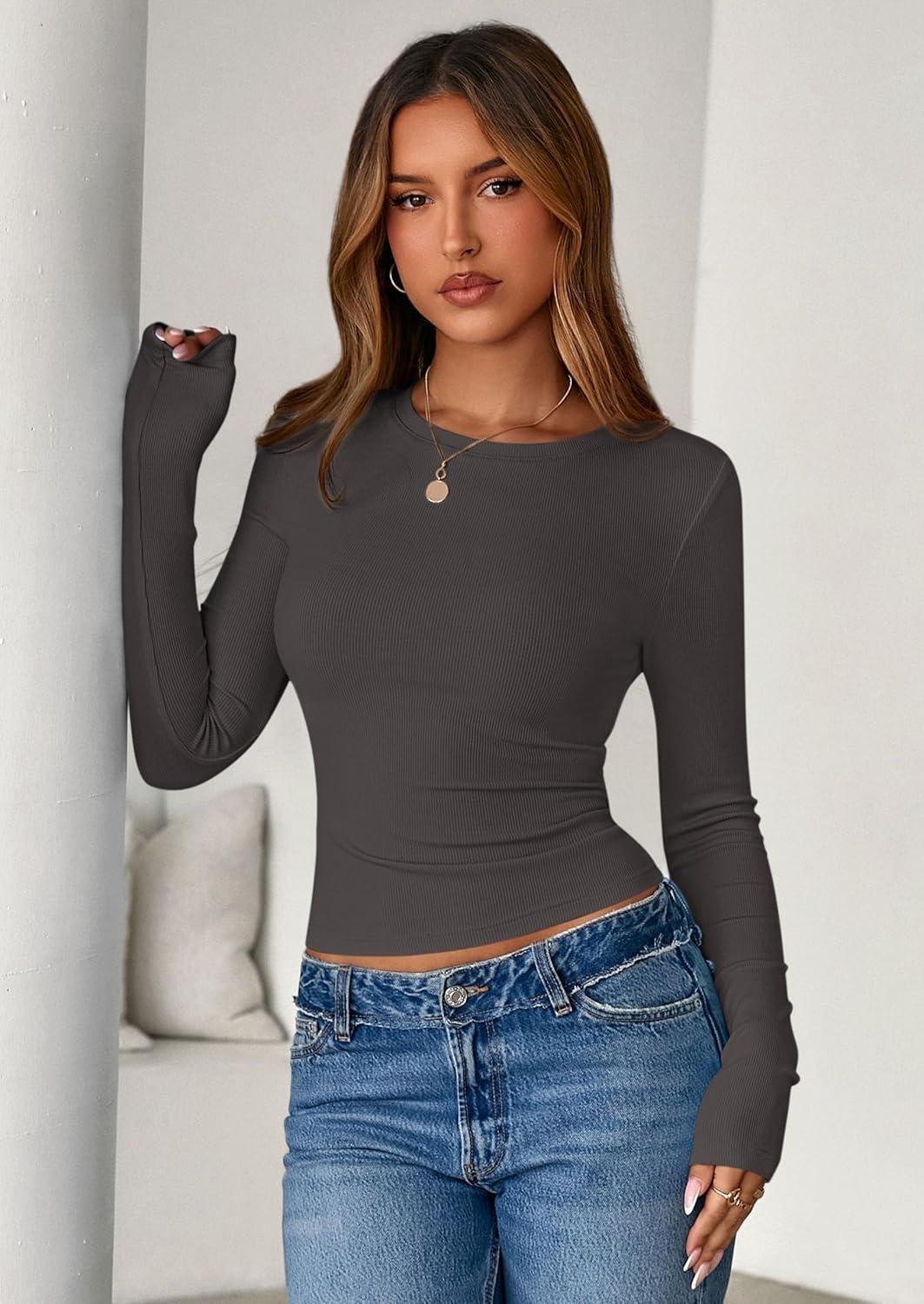 imagePRETTYGARDEN Womens 2025 Summer Fall Long Sleeve Shirts Ribbed Knit Fitted Basic Tee Going Out Tops Underscrub Casual OutfitsDark Grey