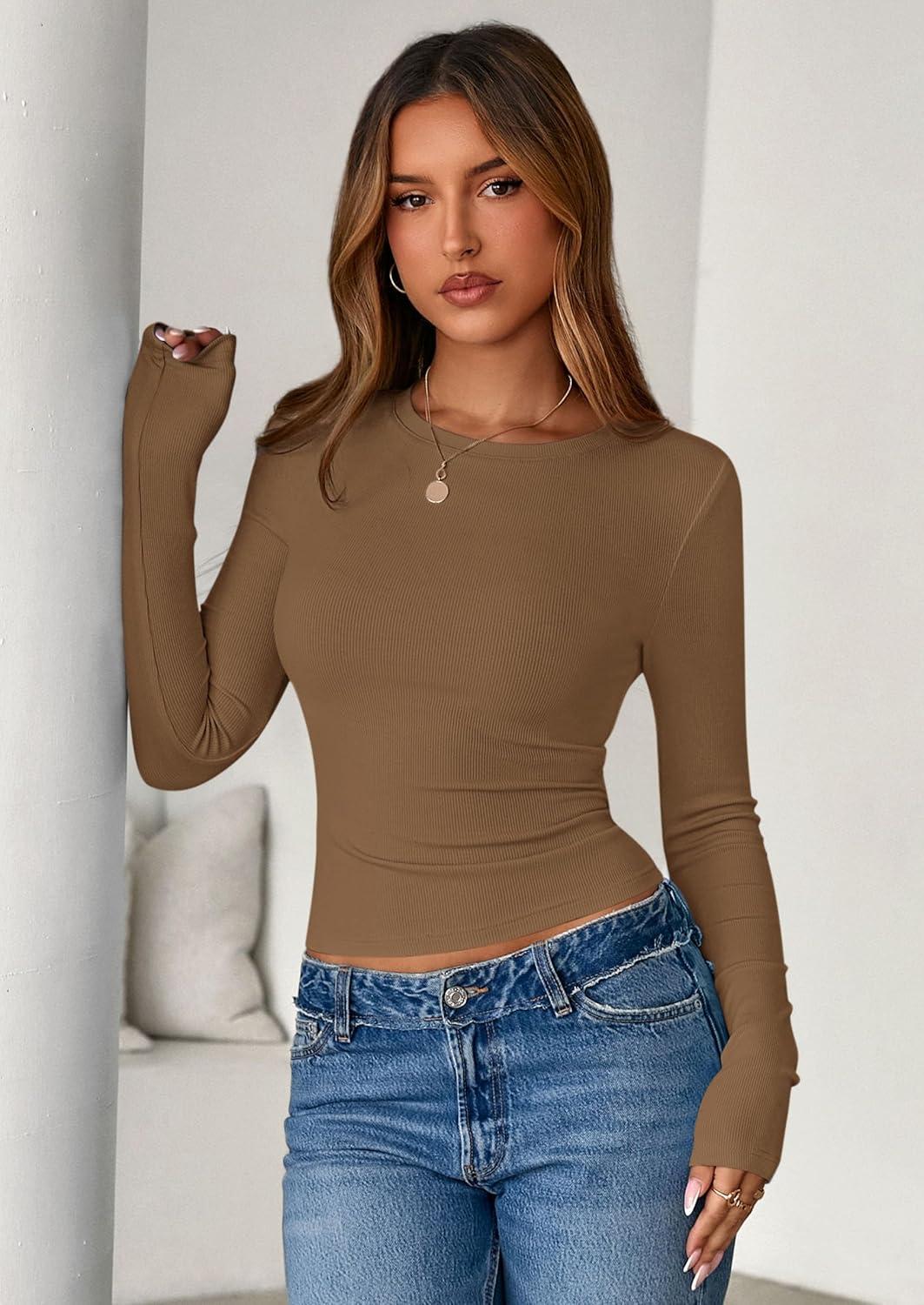 imagePRETTYGARDEN Womens 2025 Summer Fall Long Sleeve Shirts Ribbed Knit Fitted Basic Tee Going Out Tops Underscrub Casual OutfitsDark Khaki
