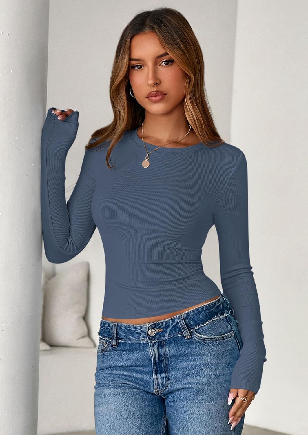 imagePRETTYGARDEN Womens 2025 Summer Fall Long Sleeve Shirts Ribbed Knit Fitted Basic Tee Going Out Tops Underscrub Casual OutfitsDusty Blue