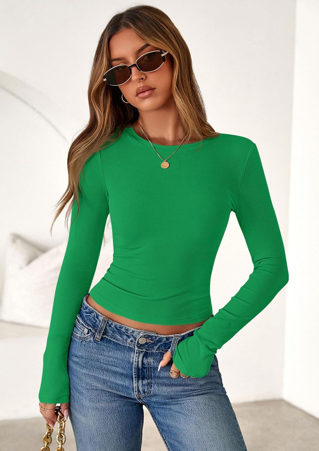 imagePRETTYGARDEN Womens 2025 Summer Fall Long Sleeve Shirts Ribbed Knit Fitted Basic Tee Going Out Tops Underscrub Casual OutfitsGreen