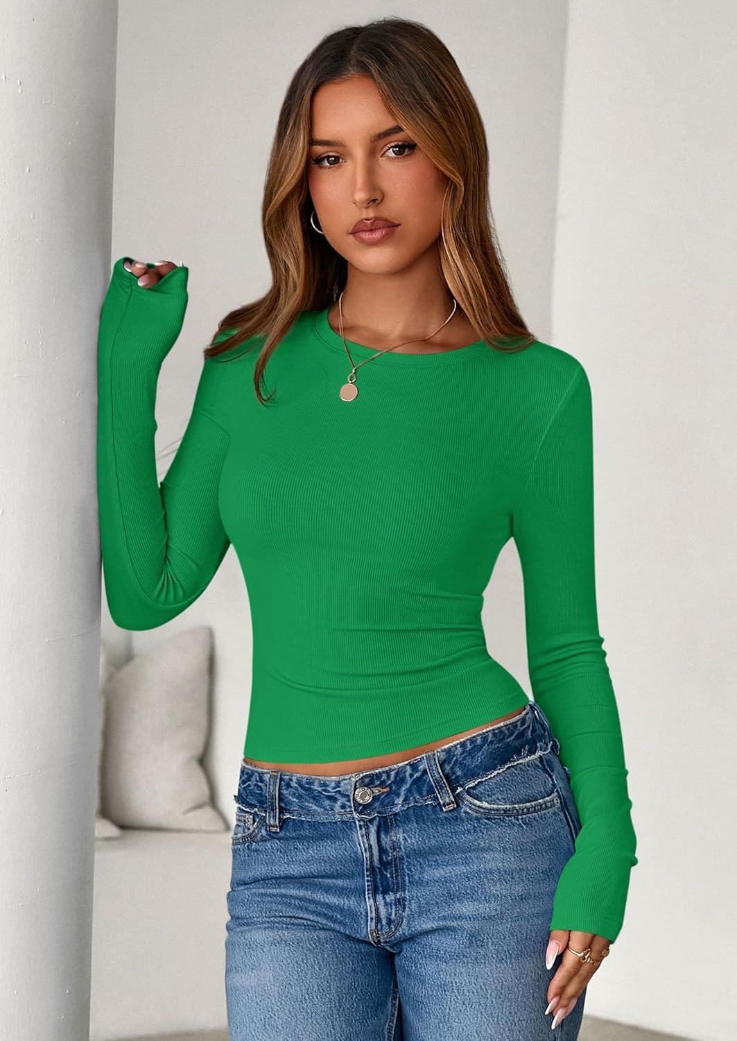 imagePRETTYGARDEN Womens 2025 Summer Fall Long Sleeve Shirts Ribbed Knit Fitted Basic Tee Going Out Tops Underscrub Casual OutfitsGreen