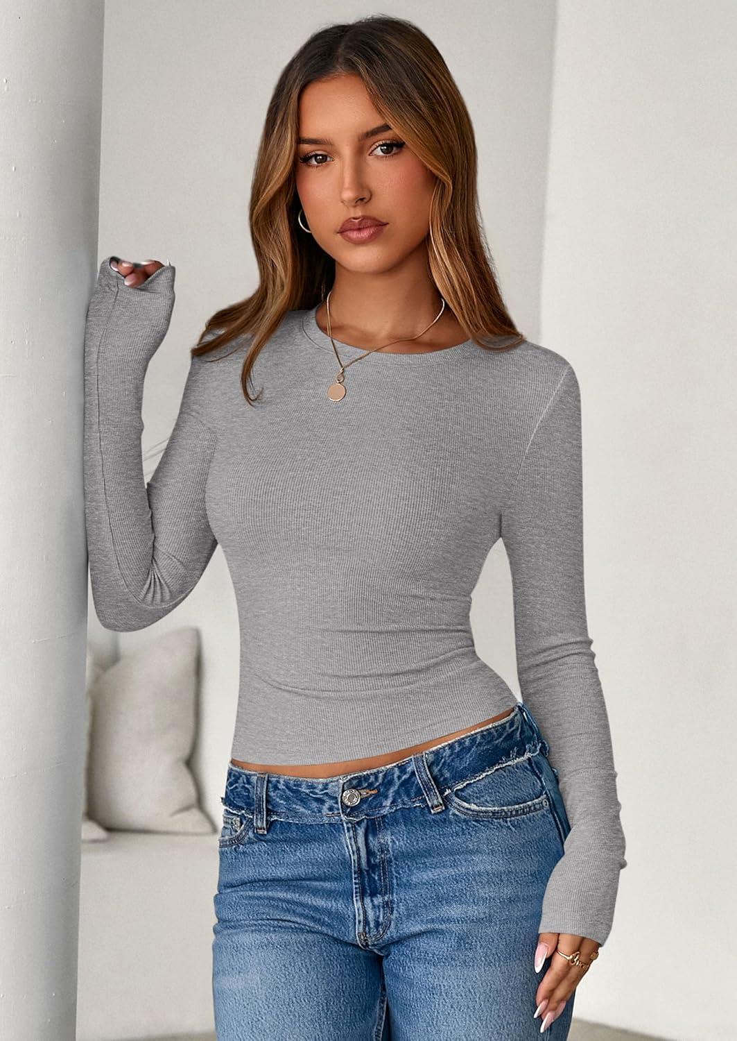 imagePRETTYGARDEN Womens 2025 Summer Fall Long Sleeve Shirts Ribbed Knit Fitted Basic Tee Going Out Tops Underscrub Casual OutfitsGrey