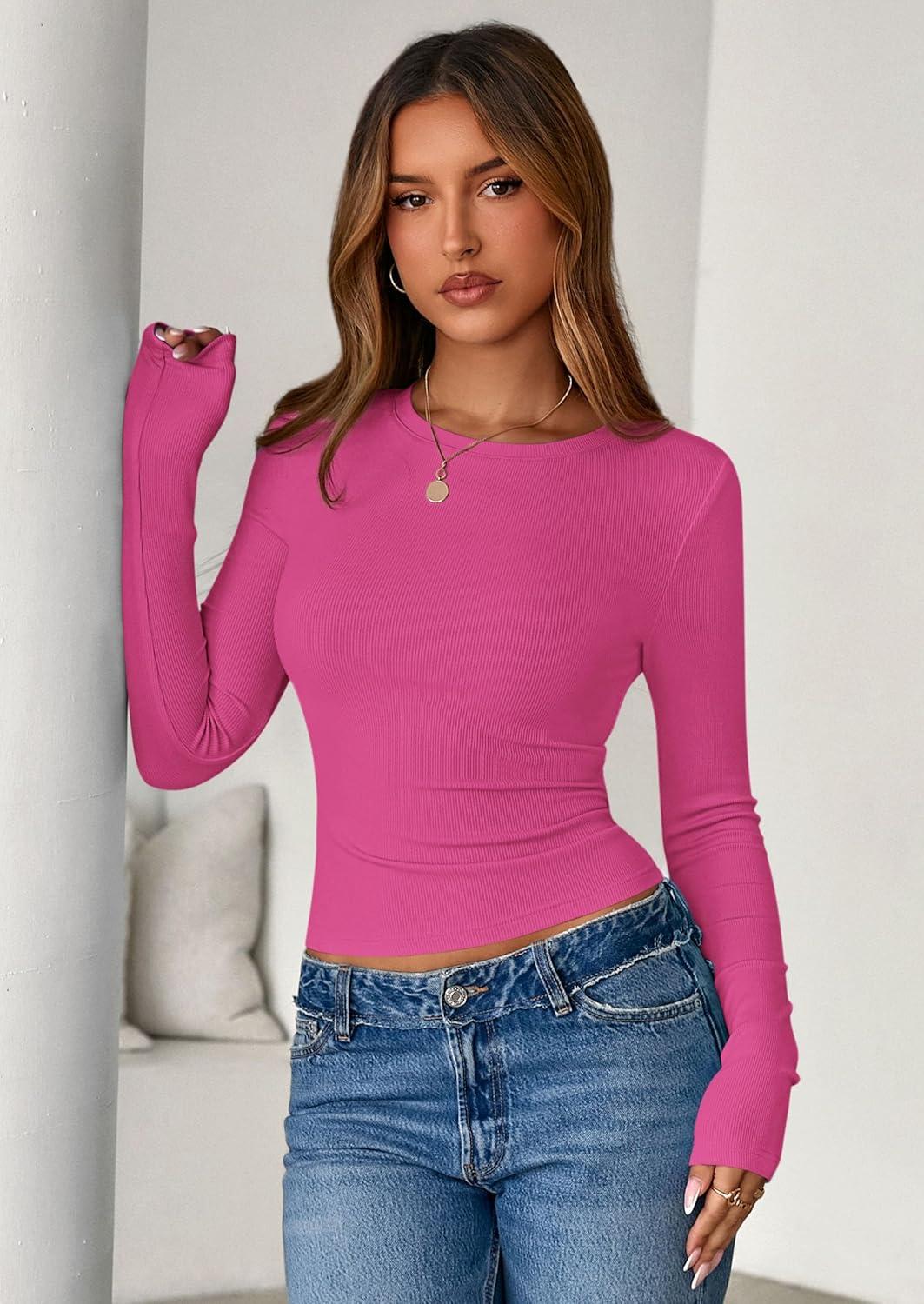 imagePRETTYGARDEN Womens 2025 Summer Fall Long Sleeve Shirts Ribbed Knit Fitted Basic Tee Going Out Tops Underscrub Casual OutfitsHot Pink