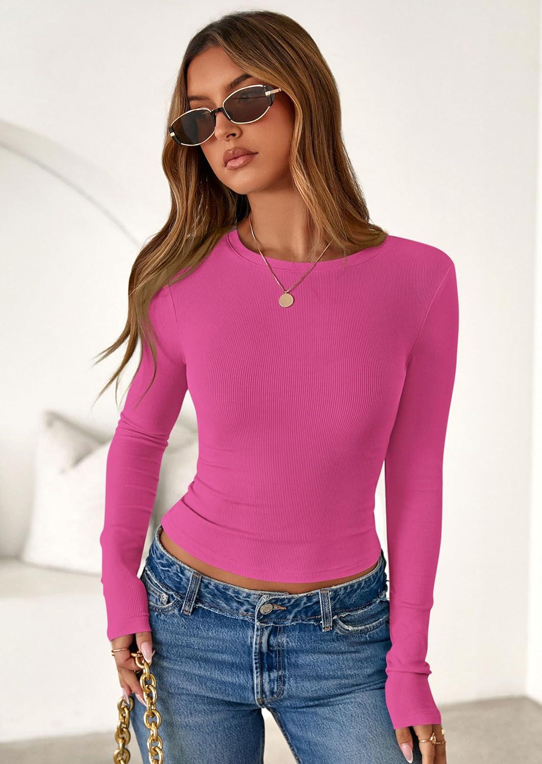 imagePRETTYGARDEN Womens 2025 Summer Fall Long Sleeve Shirts Ribbed Knit Fitted Basic Tee Going Out Tops Underscrub Casual OutfitsHot Pink
