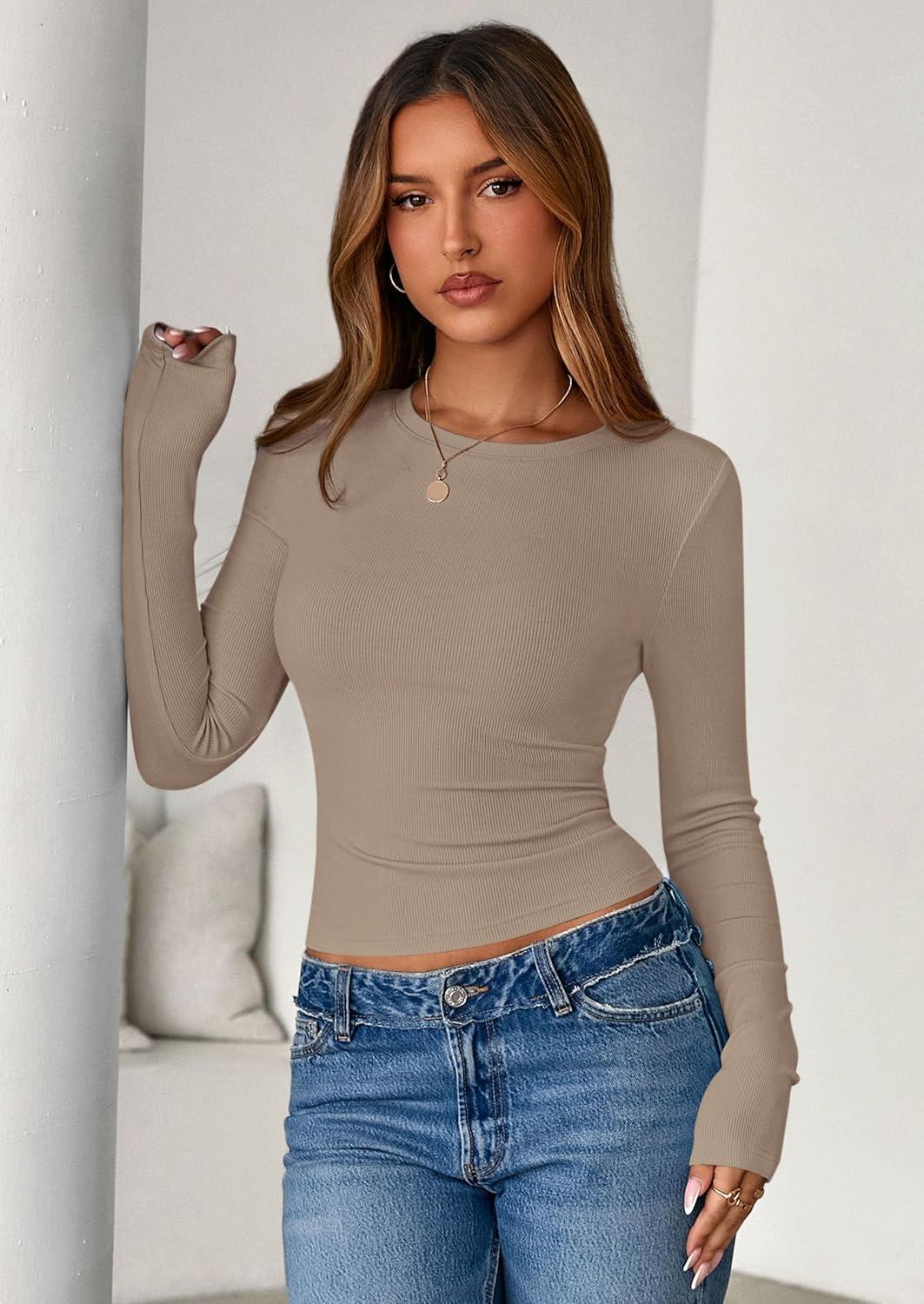 imagePRETTYGARDEN Womens 2025 Summer Fall Long Sleeve Shirts Ribbed Knit Fitted Basic Tee Going Out Tops Underscrub Casual OutfitsLight Khaki