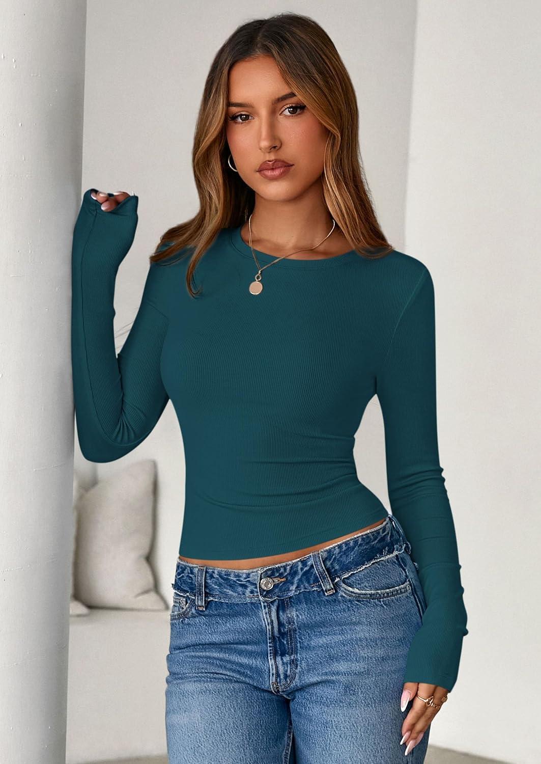 imagePRETTYGARDEN Womens 2025 Summer Fall Long Sleeve Shirts Ribbed Knit Fitted Basic Tee Going Out Tops Underscrub Casual OutfitsPeacock Blue