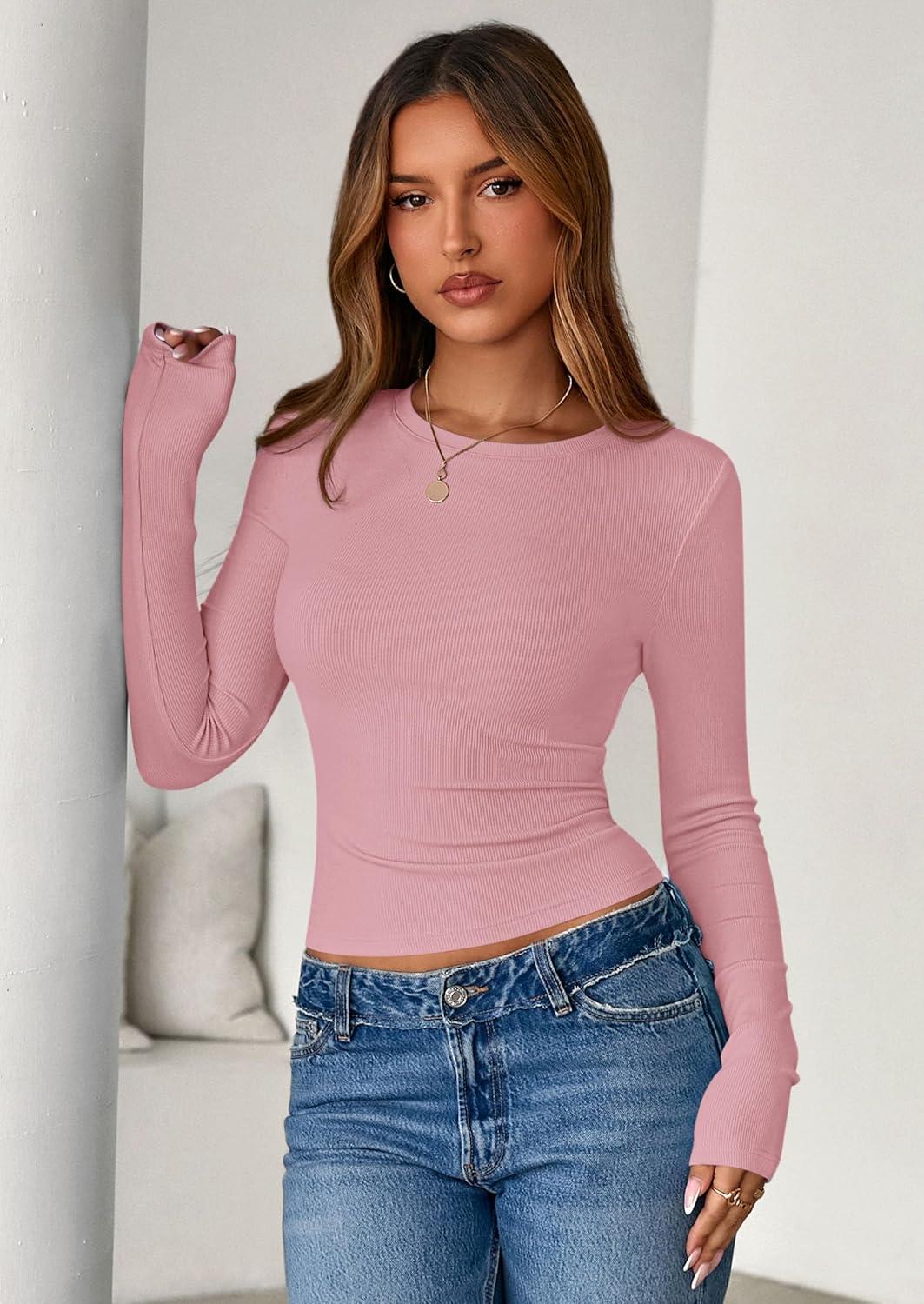 imagePRETTYGARDEN Womens 2025 Summer Fall Long Sleeve Shirts Ribbed Knit Fitted Basic Tee Going Out Tops Underscrub Casual OutfitsPink
