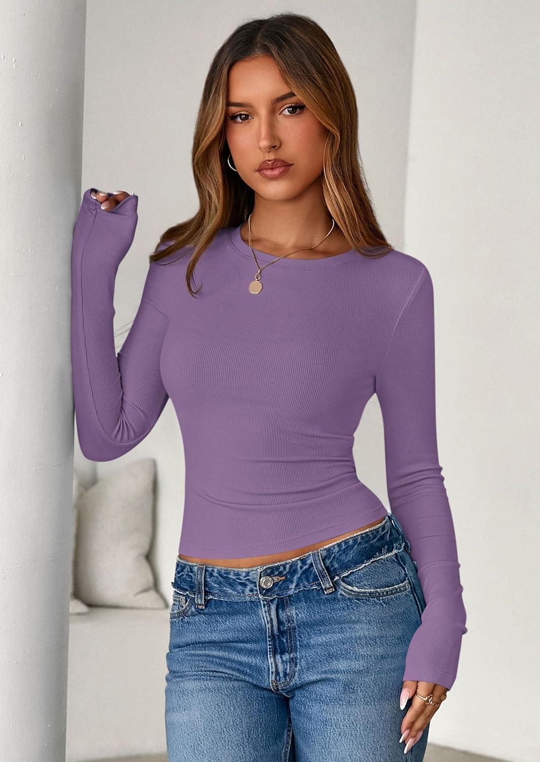 imagePRETTYGARDEN Womens 2025 Summer Fall Long Sleeve Shirts Ribbed Knit Fitted Basic Tee Going Out Tops Underscrub Casual OutfitsPurple
