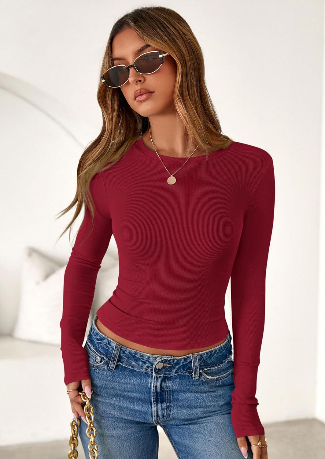 imagePRETTYGARDEN Womens 2025 Summer Fall Long Sleeve Shirts Ribbed Knit Fitted Basic Tee Going Out Tops Underscrub Casual OutfitsRed