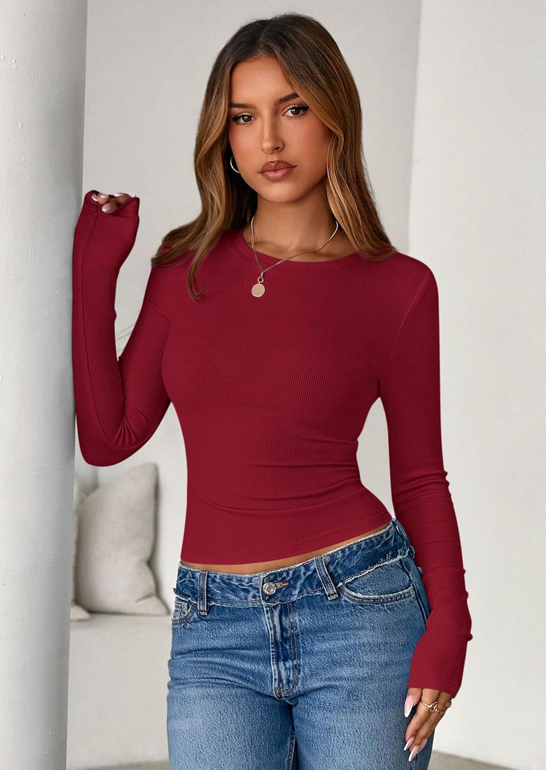imagePRETTYGARDEN Womens 2025 Summer Fall Long Sleeve Shirts Ribbed Knit Fitted Basic Tee Going Out Tops Underscrub Casual OutfitsRed