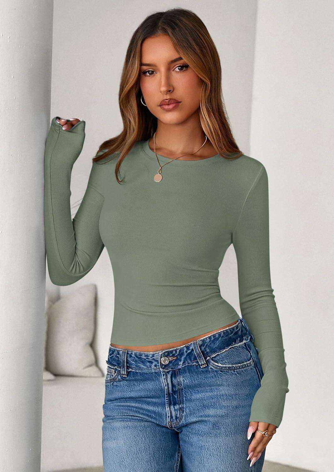 imagePRETTYGARDEN Womens 2025 Summer Fall Long Sleeve Shirts Ribbed Knit Fitted Basic Tee Going Out Tops Underscrub Casual OutfitsSage Green