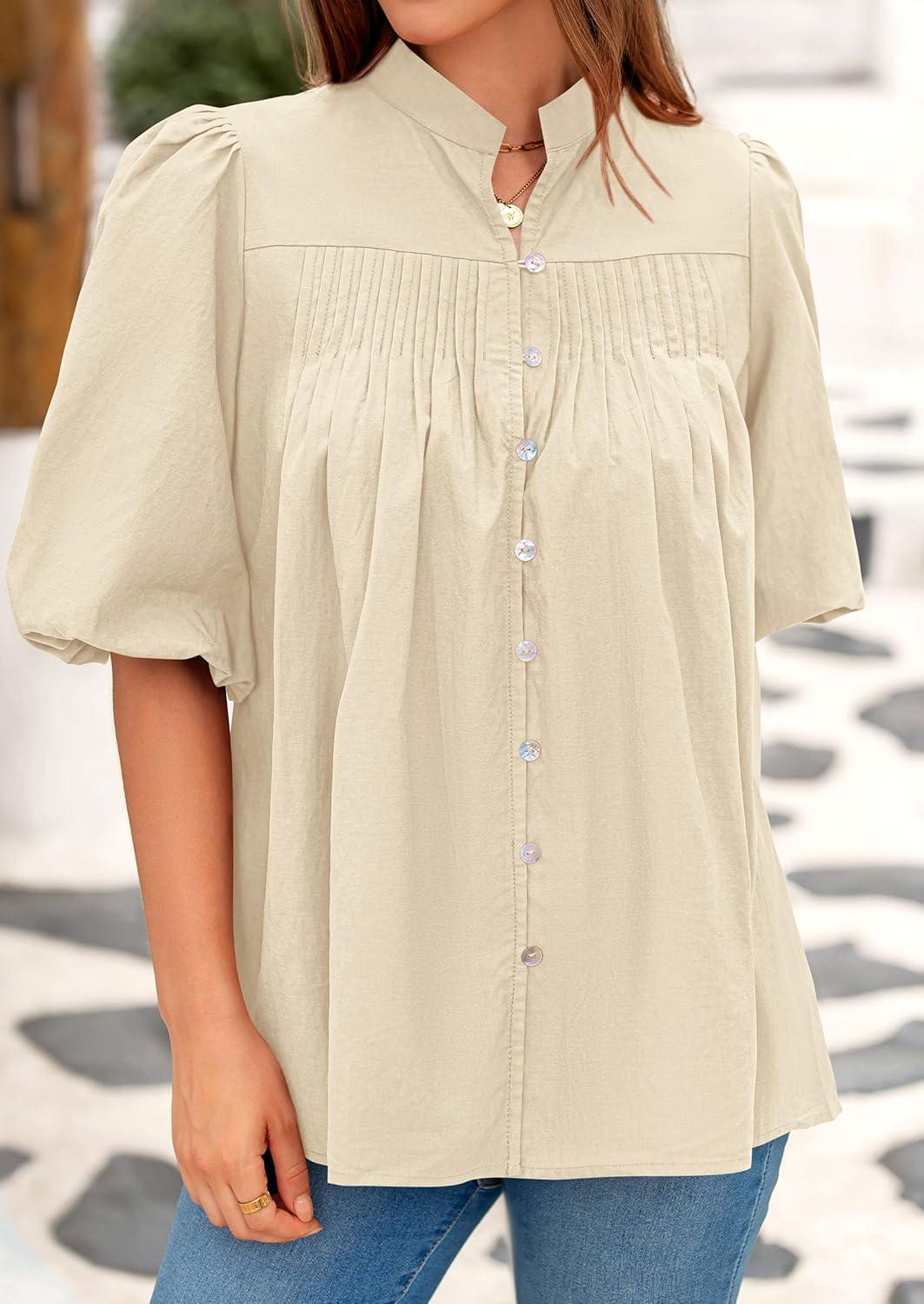 imagePRETTYGARDEN Womens 2025 Summer Short Lantern Sleeve Tops Loose Fit Button Down Shirt Pleated V Neck Blouses Trendy ClothesApricot