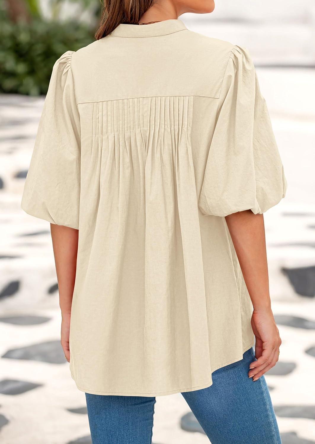 imagePRETTYGARDEN Womens 2025 Summer Short Lantern Sleeve Tops Loose Fit Button Down Shirt Pleated V Neck Blouses Trendy ClothesApricot
