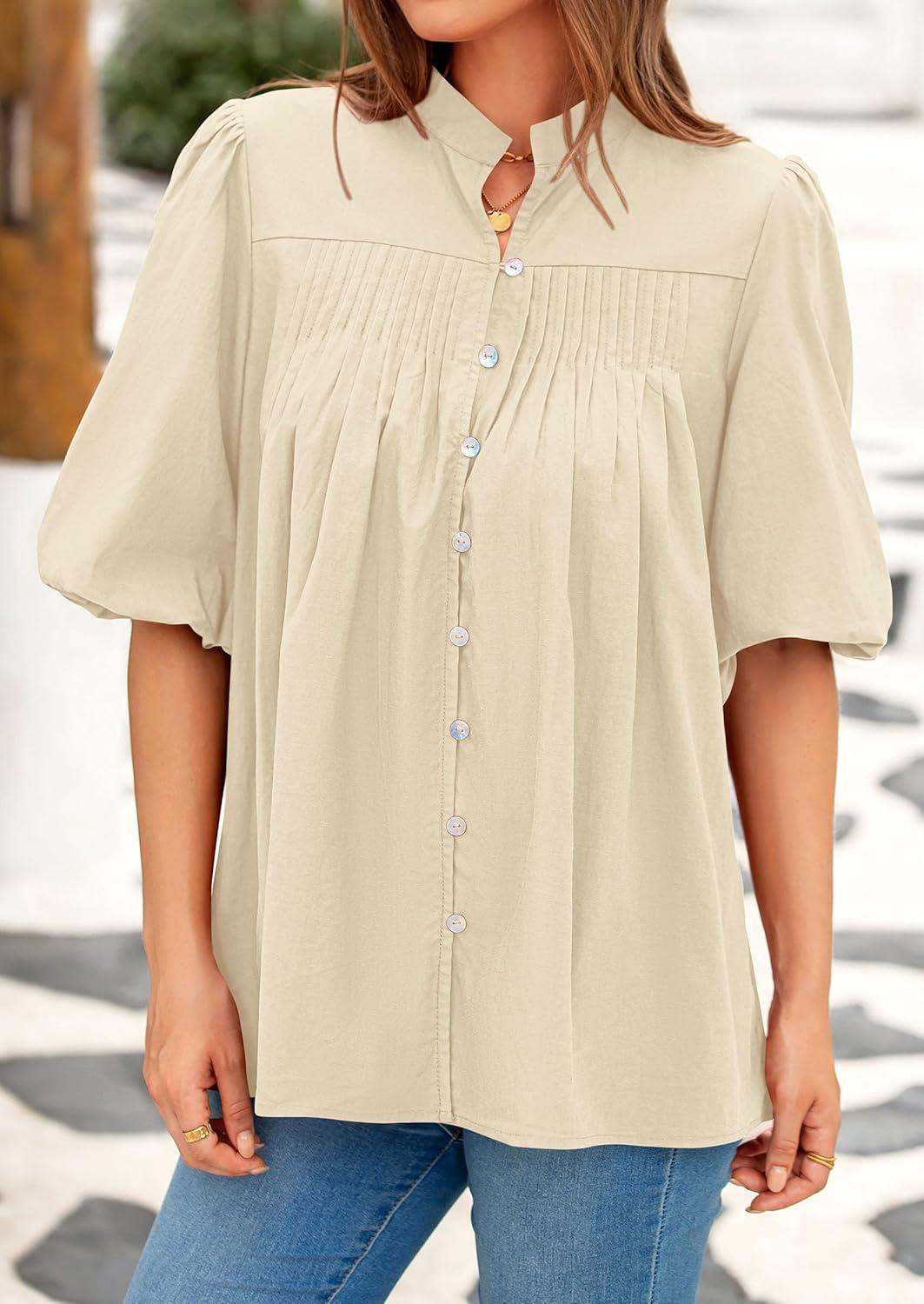 imagePRETTYGARDEN Womens 2025 Summer Short Lantern Sleeve Tops Loose Fit Button Down Shirt Pleated V Neck Blouses Trendy ClothesApricot