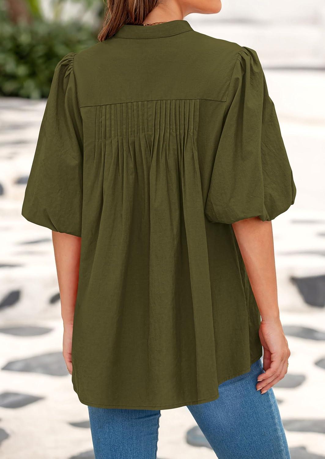 imagePRETTYGARDEN Womens 2025 Summer Short Lantern Sleeve Tops Loose Fit Button Down Shirt Pleated V Neck Blouses Trendy ClothesArmy Green