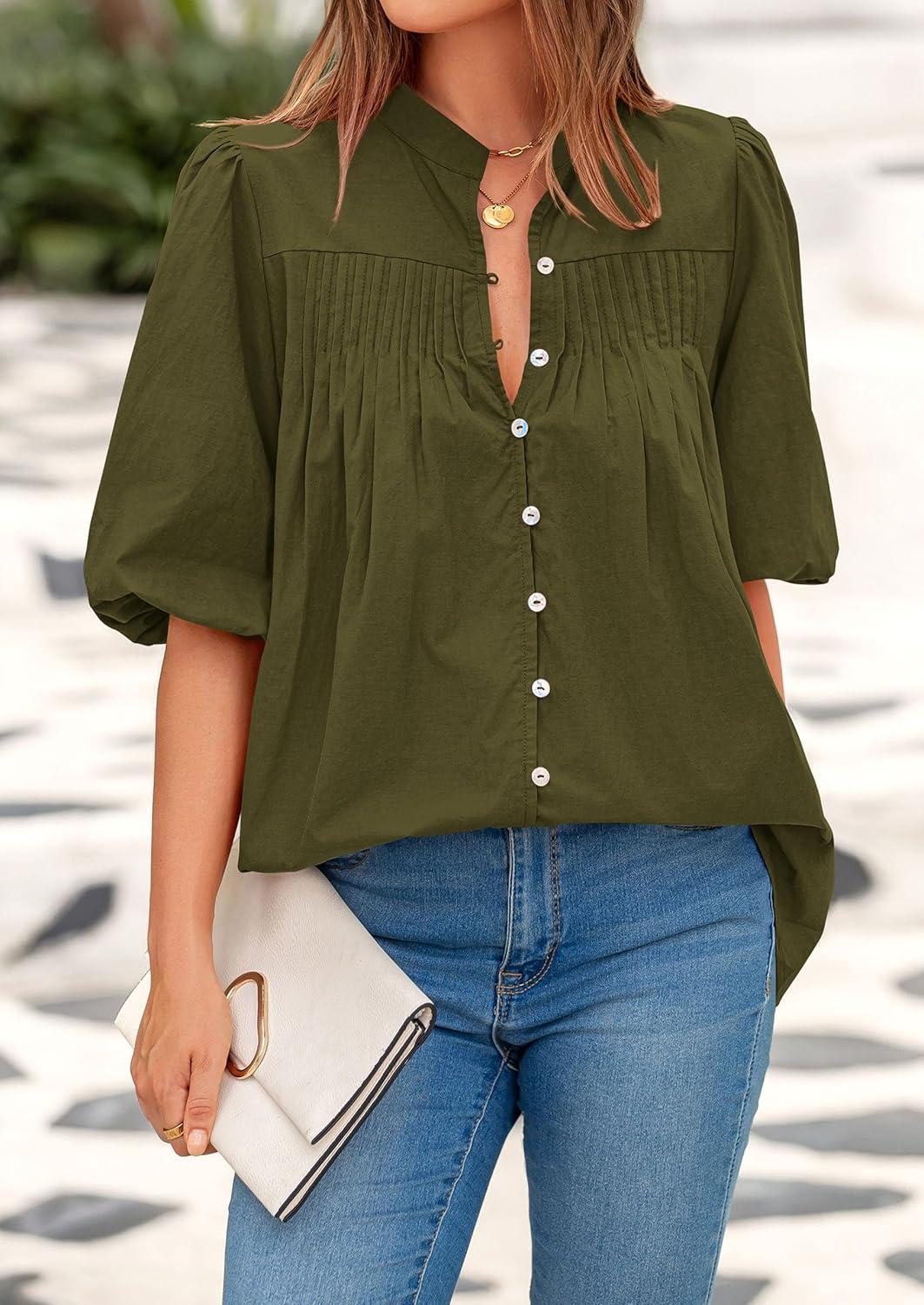 imagePRETTYGARDEN Womens 2025 Summer Short Lantern Sleeve Tops Loose Fit Button Down Shirt Pleated V Neck Blouses Trendy ClothesArmy Green
