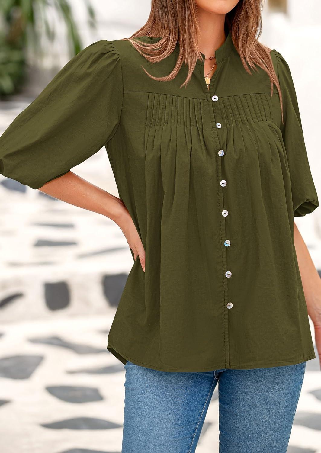 imagePRETTYGARDEN Womens 2025 Summer Short Lantern Sleeve Tops Loose Fit Button Down Shirt Pleated V Neck Blouses Trendy ClothesArmy Green