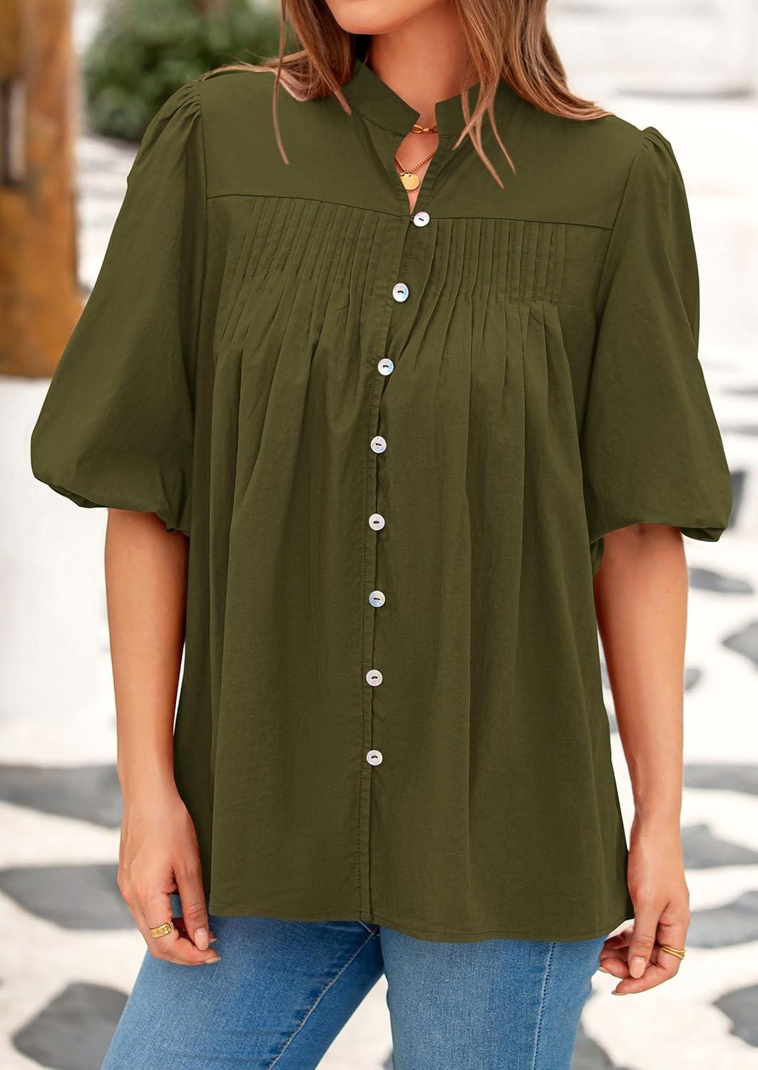 imagePRETTYGARDEN Womens 2025 Summer Short Lantern Sleeve Tops Loose Fit Button Down Shirt Pleated V Neck Blouses Trendy ClothesArmy Green