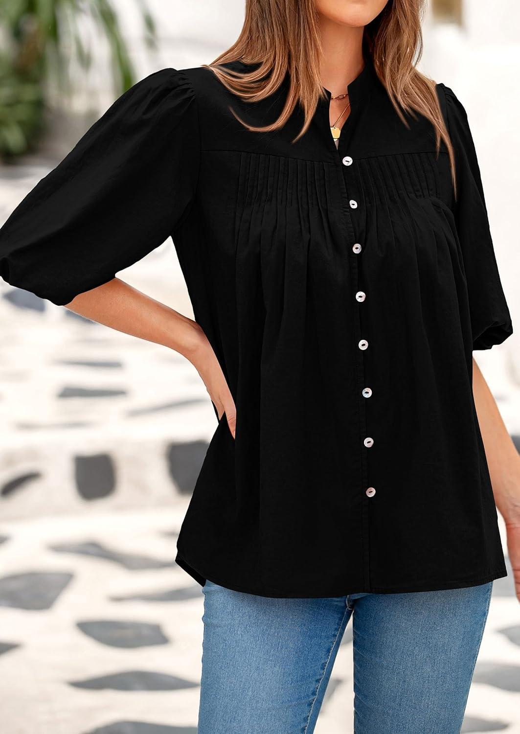 imagePRETTYGARDEN Womens 2025 Summer Short Lantern Sleeve Tops Loose Fit Button Down Shirt Pleated V Neck Blouses Trendy ClothesBlack