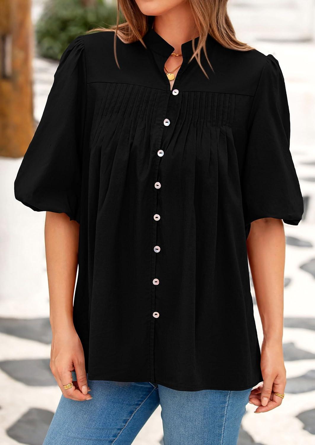 imagePRETTYGARDEN Womens 2025 Summer Short Lantern Sleeve Tops Loose Fit Button Down Shirt Pleated V Neck Blouses Trendy ClothesBlack