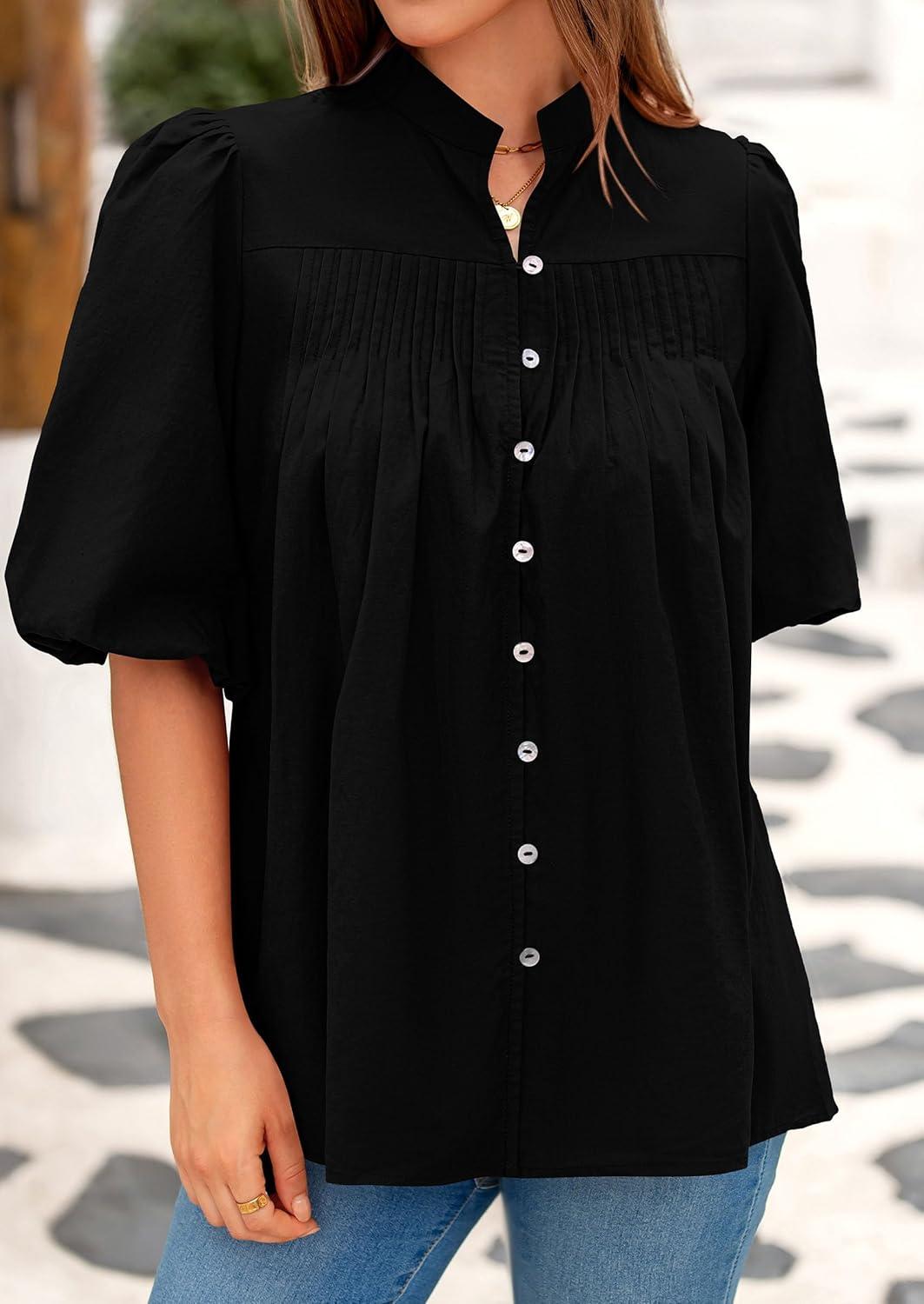 imagePRETTYGARDEN Womens 2025 Summer Short Lantern Sleeve Tops Loose Fit Button Down Shirt Pleated V Neck Blouses Trendy ClothesBlack