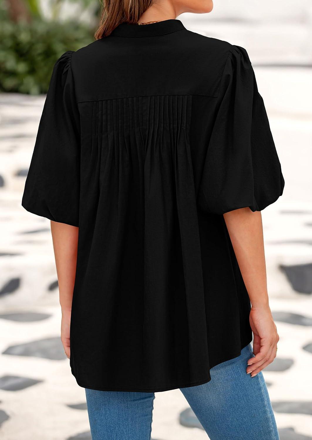 imagePRETTYGARDEN Womens 2025 Summer Short Lantern Sleeve Tops Loose Fit Button Down Shirt Pleated V Neck Blouses Trendy ClothesBlack