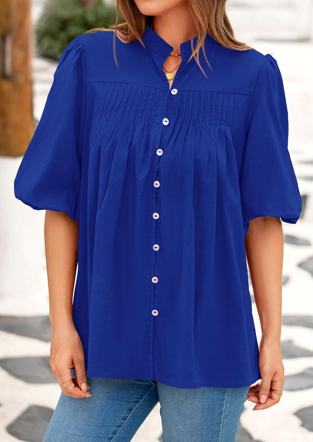 imagePRETTYGARDEN Womens 2025 Summer Short Lantern Sleeve Tops Loose Fit Button Down Shirt Pleated V Neck Blouses Trendy ClothesBlue