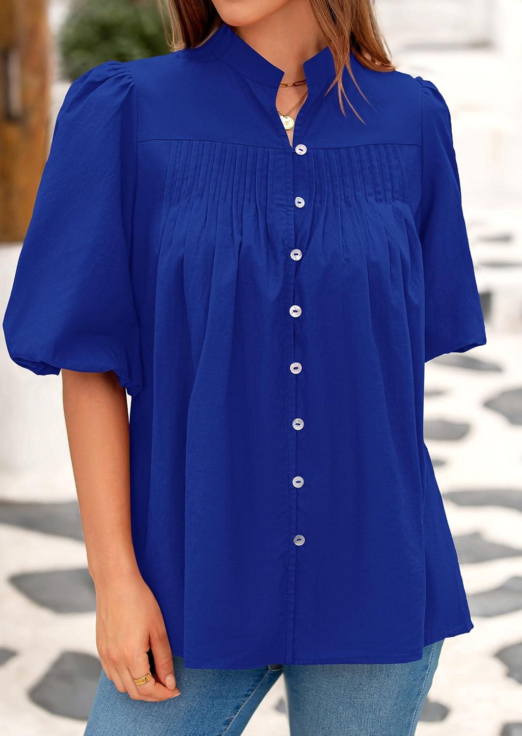 imagePRETTYGARDEN Womens 2025 Summer Short Lantern Sleeve Tops Loose Fit Button Down Shirt Pleated V Neck Blouses Trendy ClothesBlue