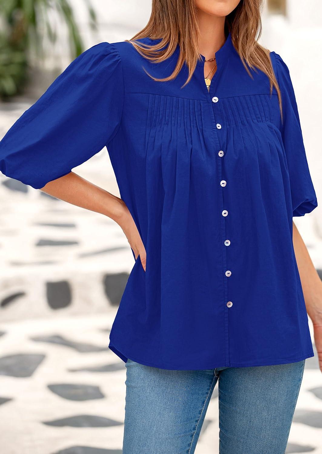 imagePRETTYGARDEN Womens 2025 Summer Short Lantern Sleeve Tops Loose Fit Button Down Shirt Pleated V Neck Blouses Trendy ClothesBlue