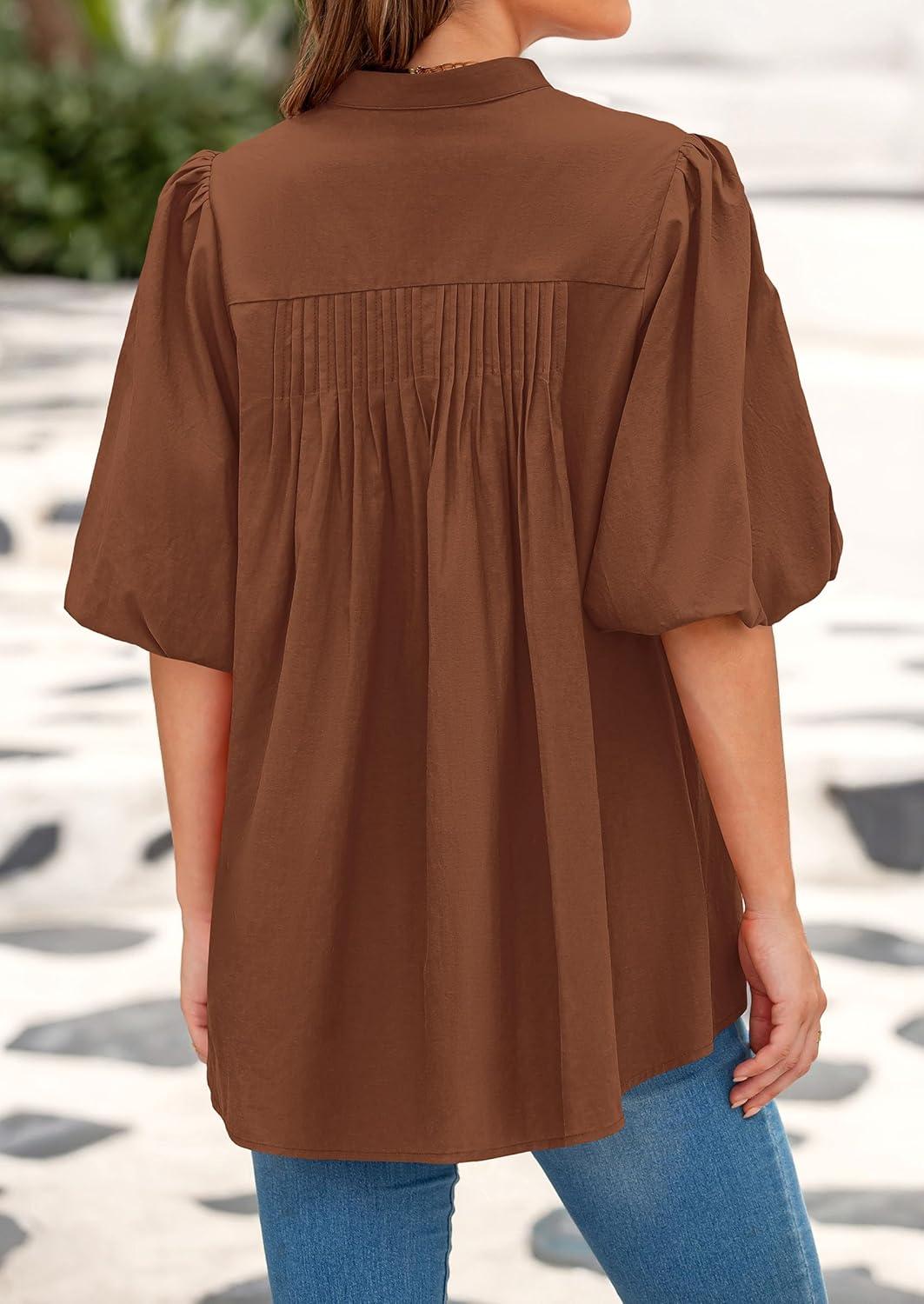 imagePRETTYGARDEN Womens 2025 Summer Short Lantern Sleeve Tops Loose Fit Button Down Shirt Pleated V Neck Blouses Trendy ClothesBrown
