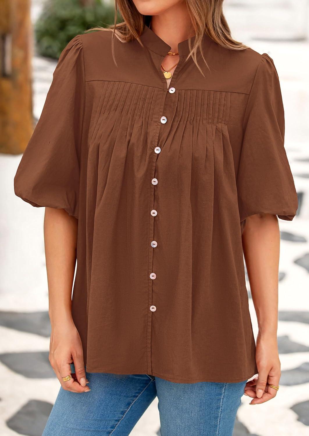 imagePRETTYGARDEN Womens 2025 Summer Short Lantern Sleeve Tops Loose Fit Button Down Shirt Pleated V Neck Blouses Trendy ClothesBrown